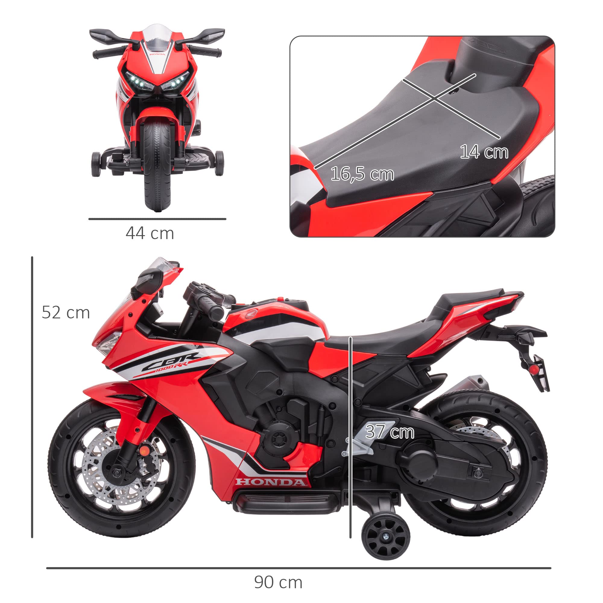 HOMCOM Licensed Honda-Style Electric Motorcycle for Kids 3-5 Years | 6V Battery-Powered Ride-On Toy with Headlight, Horn, Music & Removable Training Wheels | 30kg Weight Capacity 90x44x52cm | Red | Perfect for Birthday Gifts, Outdoor Play & Early Riding Skills Development