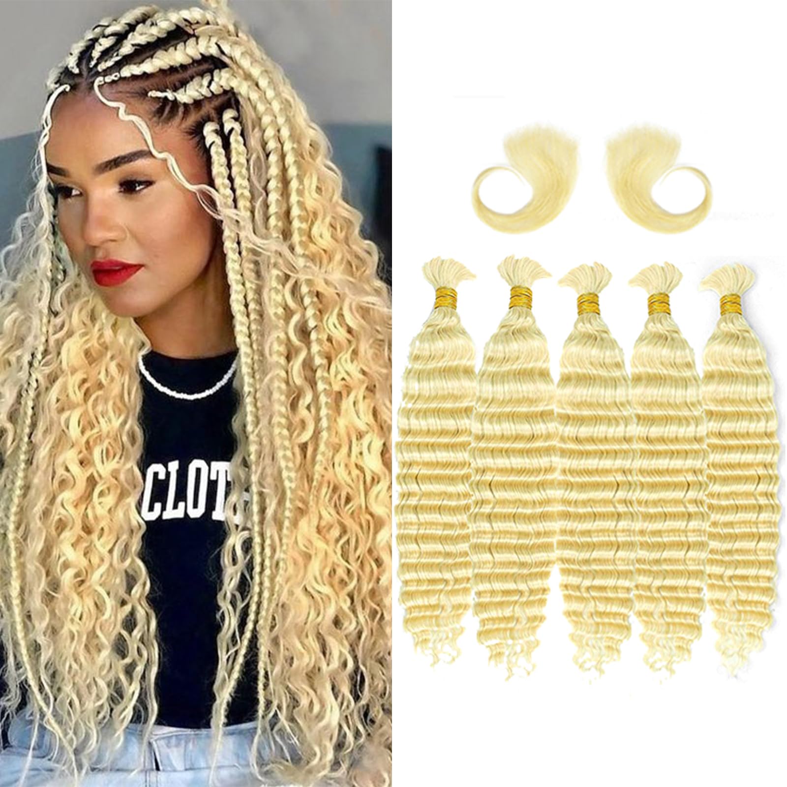 16A 613 Blonde 20 Inch Deep Wave Human Hair Extensions - 5 Bundles Brazilian Virgin Water Curly Hair for Braiding (250g) | No Weft Bulk Hair for Boho Braids, Box Braids & Protective Styles | Perfect for Salon, Wedding & Everyday Wear