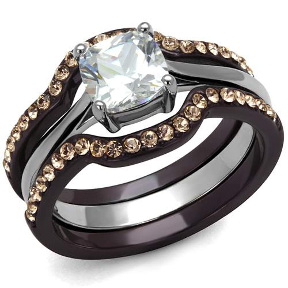 1.85ct Cushion Cut Cubic Zirconia Wedding Ring Set for Women Size 5-10 - Elegant Brown Stainless Steel Jewelry for Bridal & Anniversary