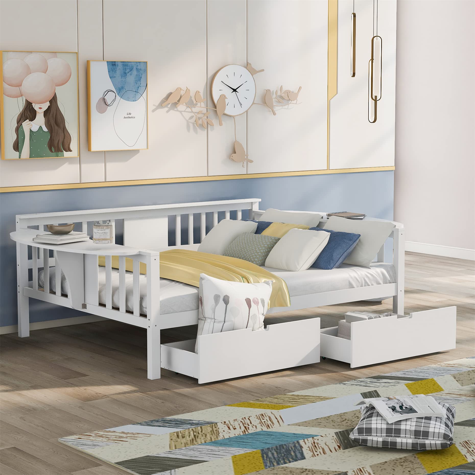 Harper & Bright Designs Full Size Daybed with Storage Drawers & Foldable Table - Wooden Sofa Bed Frame for Small Spaces, Guest Room, Living Room or Dorm (White, 2 Drawers) - Perfect for Sleepovers, Home Office & Space-Saving Solutions
