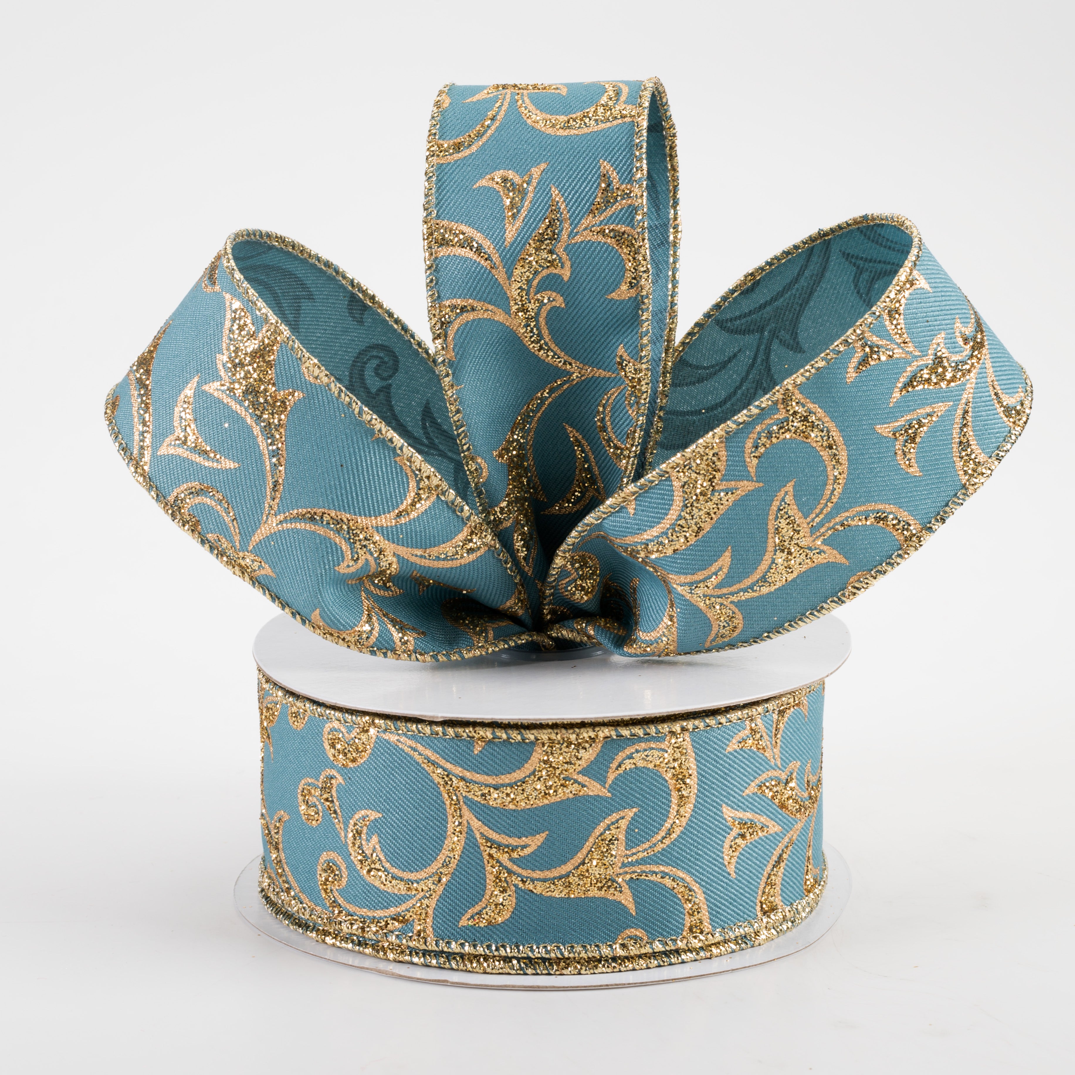 1.5 Inch Acanthus Leaf Ribbon - Smoke Blue & Gold Trim (10 Yards) for Gift Wrapping, Wedding Decor, DIY Crafts and Home Decoration