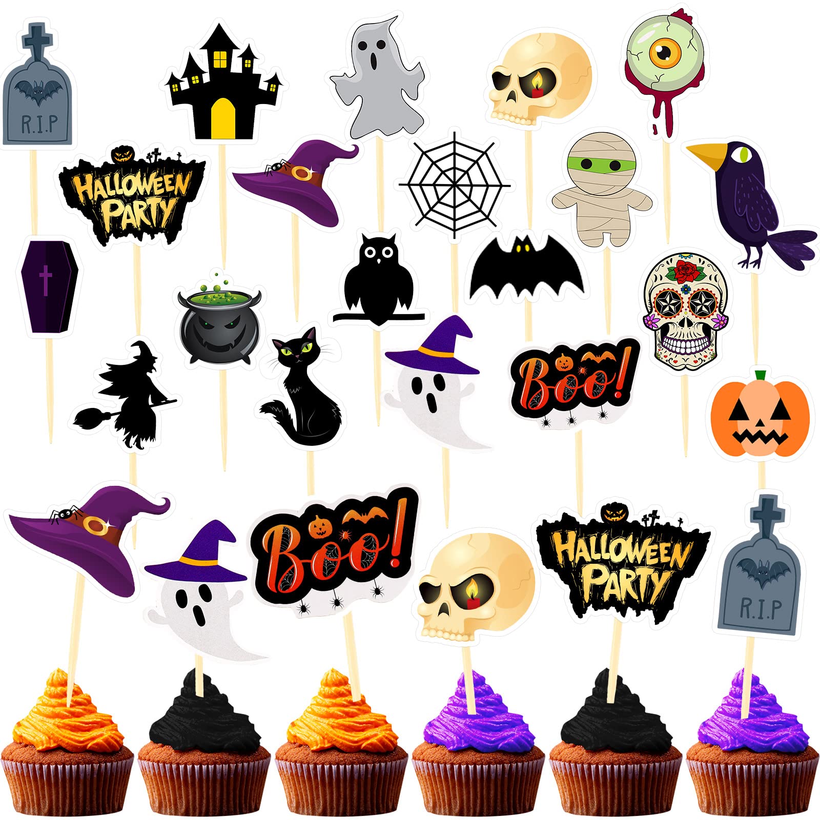 100 Pcs Halloween Cupcake Toppers - Cat Pumpkin Spider Web Bat Ghost Decorations with Food Picks for Kids Party, Baby Shower & Birthday Supplies | Perfect for Halloween Treats, Cupcake Decorating & Holiday Dessert Displays