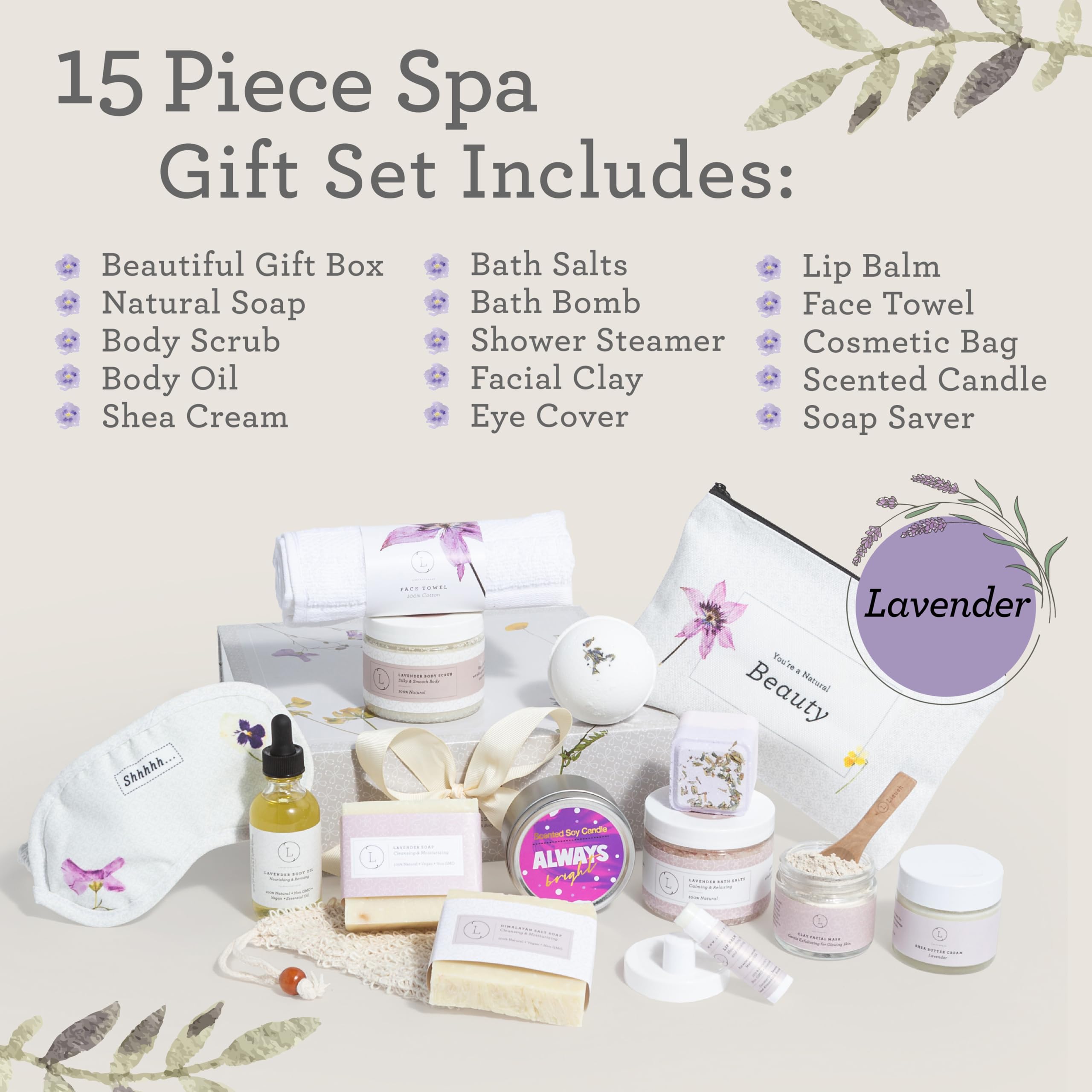 Luxury Lavender Spa Gift Set for Women - 15 Piece Body Care Kit with Handmade Soaps, Bath Bombs & Lotions - Perfect Birthday Gift for Mom, Wife & Her - Relaxing Self Care & Home Spa Experience - Made in USA