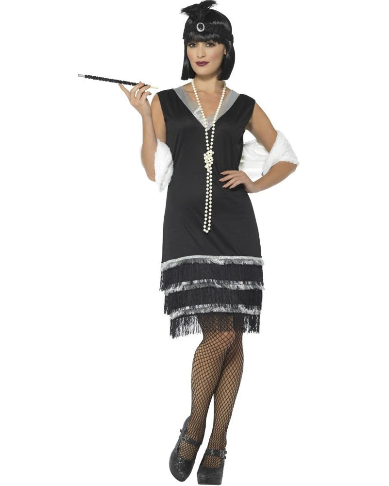 1920s Black Flapper Dress with Fur Stole - Vintage Women's Costume for Halloween, Gatsby Party & Roaring 20s Theme Events