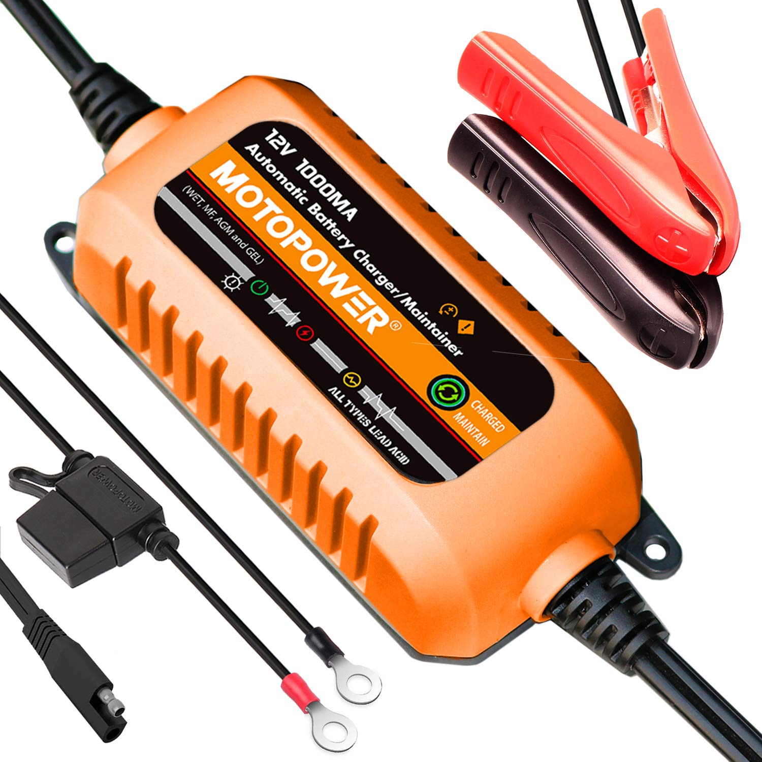 MOTOPOWER 12V 1000mA Automatic Battery Charger - Smart Battery Maintainer & Desulfator with Timer Protection - Perfect for Cars, Motorcycles, ATVs & Marine Batteries