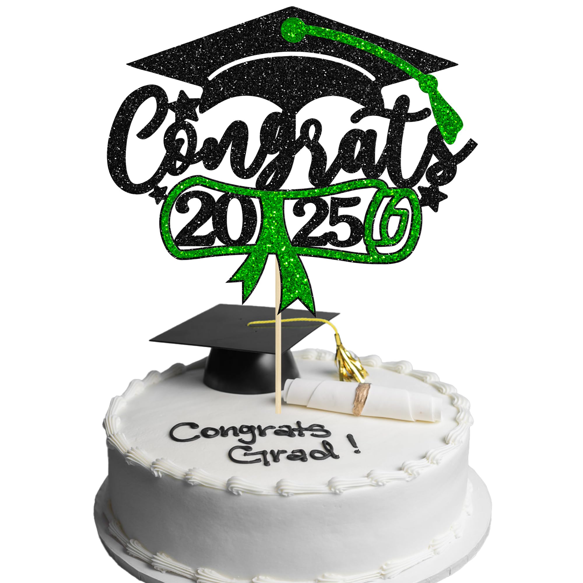 2025 Graduation Cake Topper - Green Glitter Congrats Grad Cap & Diploma Decor for Graduation Party Supplies | Perfect for 2025 Graduation Cakes, Cupcakes & Dessert Table Decorations
