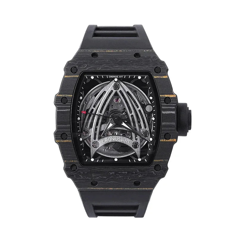 CRONUSART Men's Automatic Skeleton Watch - 50mm Tonneau Carbon Fiber Case, Luminous Dial, Fluororubber Strap - Mechanical Wristwatch for Business, Casual & Outdoor Activities