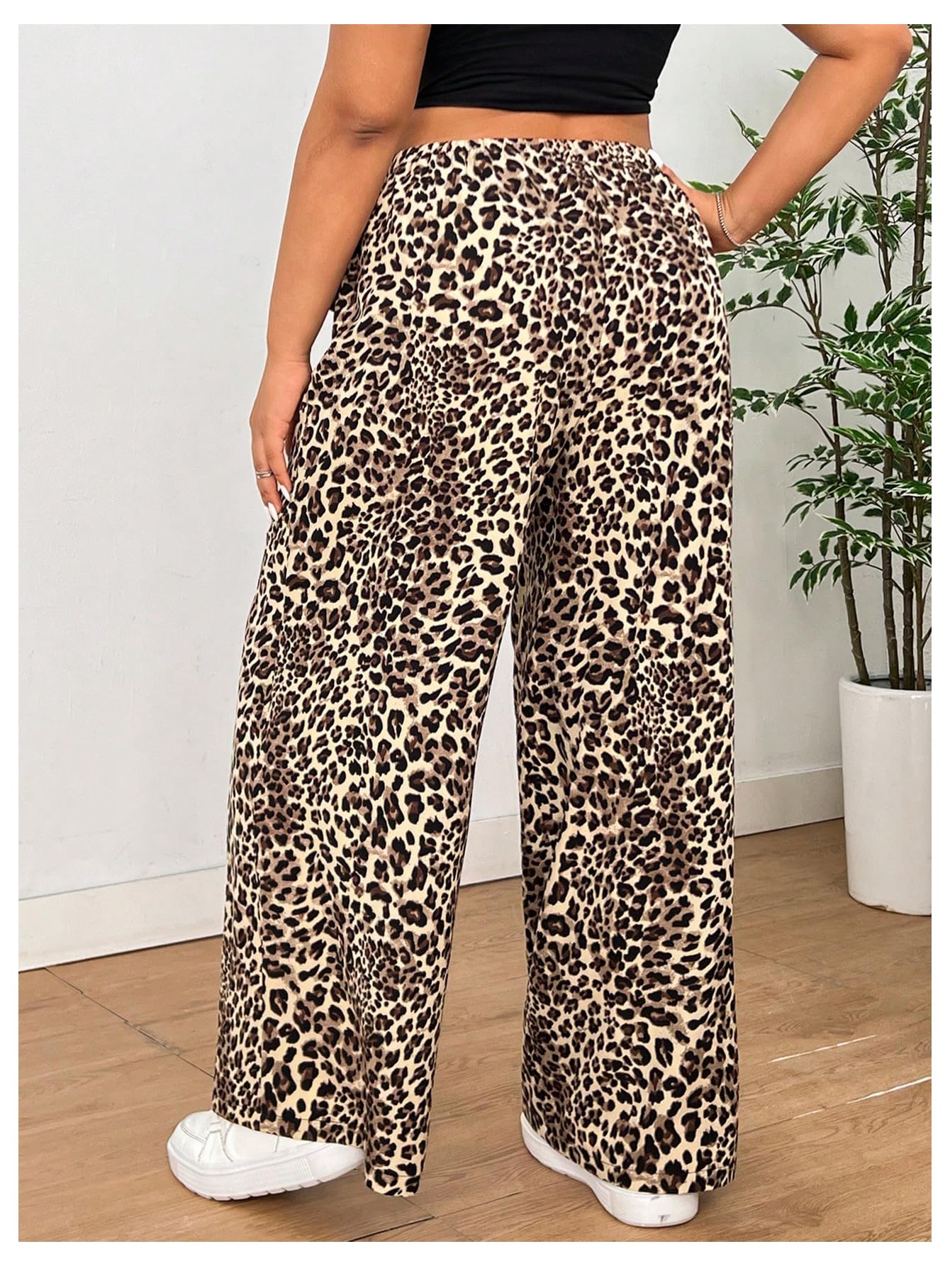 Floerns Women's Plus Size Leopard Print High Waist Pants with Drawstring - Wide Leg Trousers for Casual Wear & Office Outfits