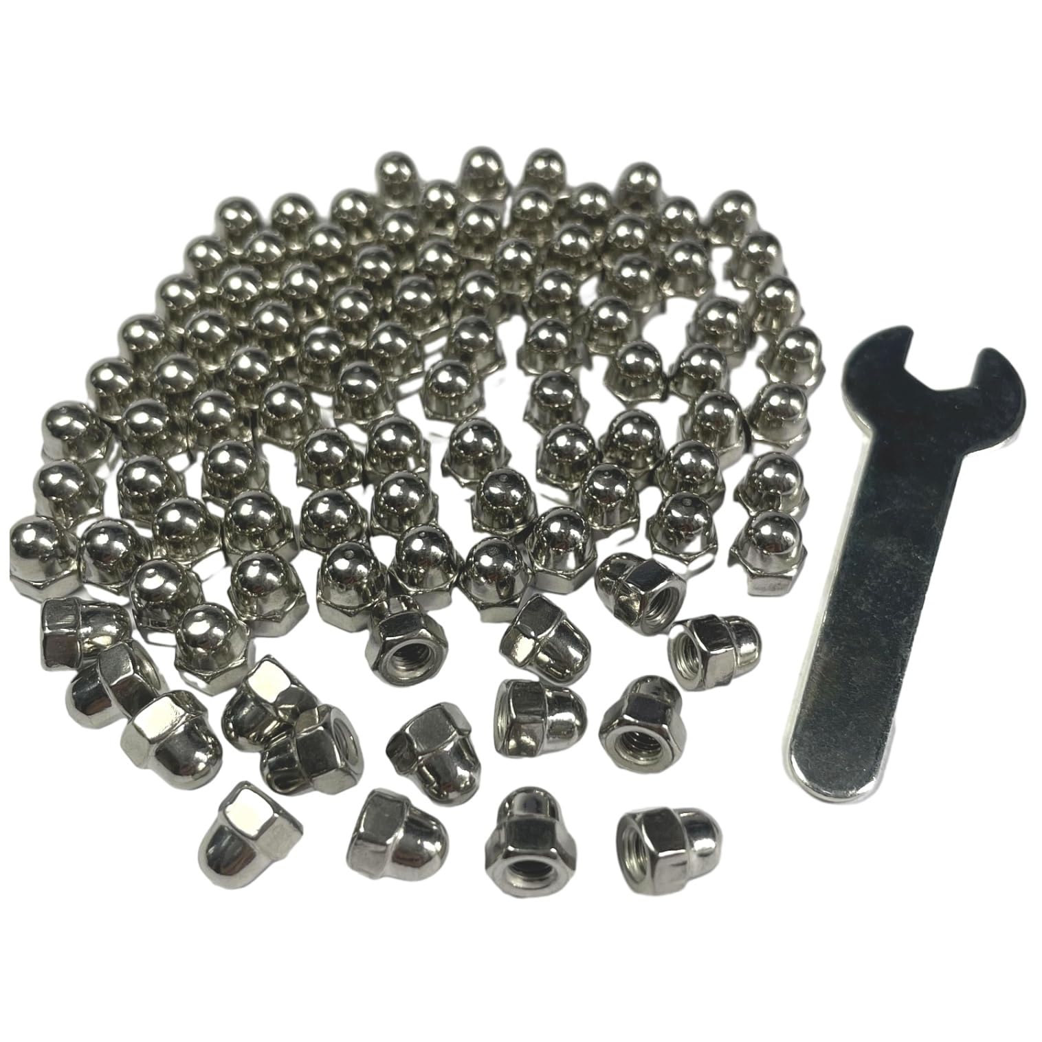 100pcs M4-0.7 Acorn Cap Nuts, 304 Stainless Steel Dome Head Hex Nuts with Bright Finish - 18-8 Grade Hardware Fasteners for Furniture, Automotive & DIY Projects - Includes Open End Wrench for Easy Installation