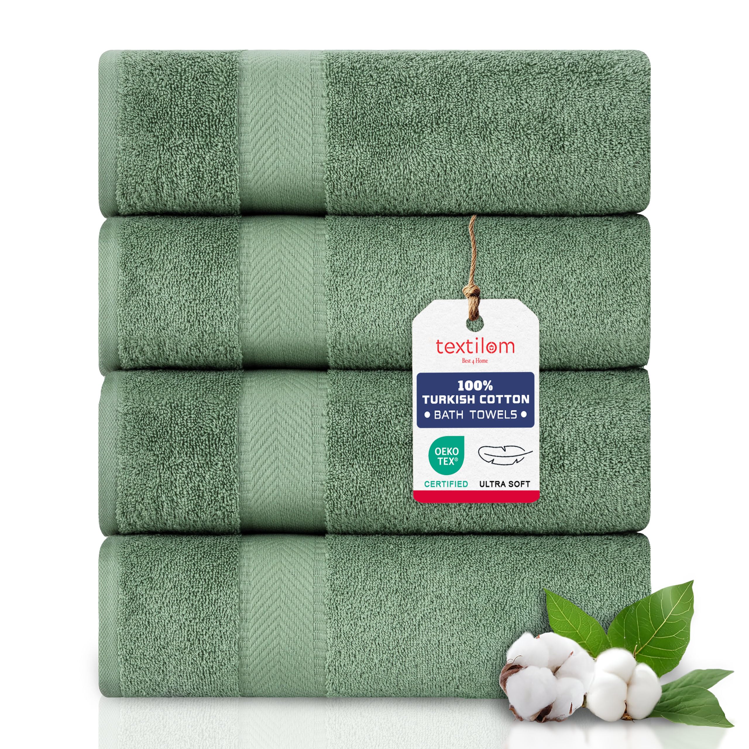 Luxury 100% Turkish Cotton Bath Towel Set of 4 - Ultra Soft, Highly Absorbent & Quick Dry - 27x54 Inches Spa & Hotel Quality Bath Towels for Bathroom - Perfect for Home, Gym & Vacation Use - Green