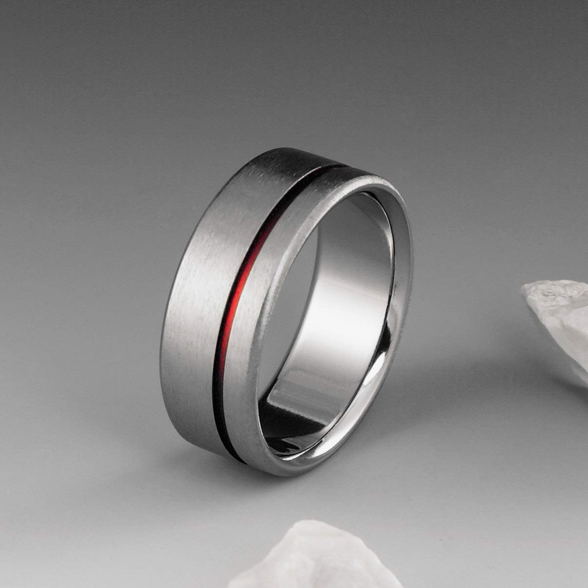 Red String of Fate Titanium Ring with Off-Center Red Stripe - Handmade Wedding Band for Men & Women - Customizable Simple Design - Perfect for Anniversaries, Engagements & Unique Gifts