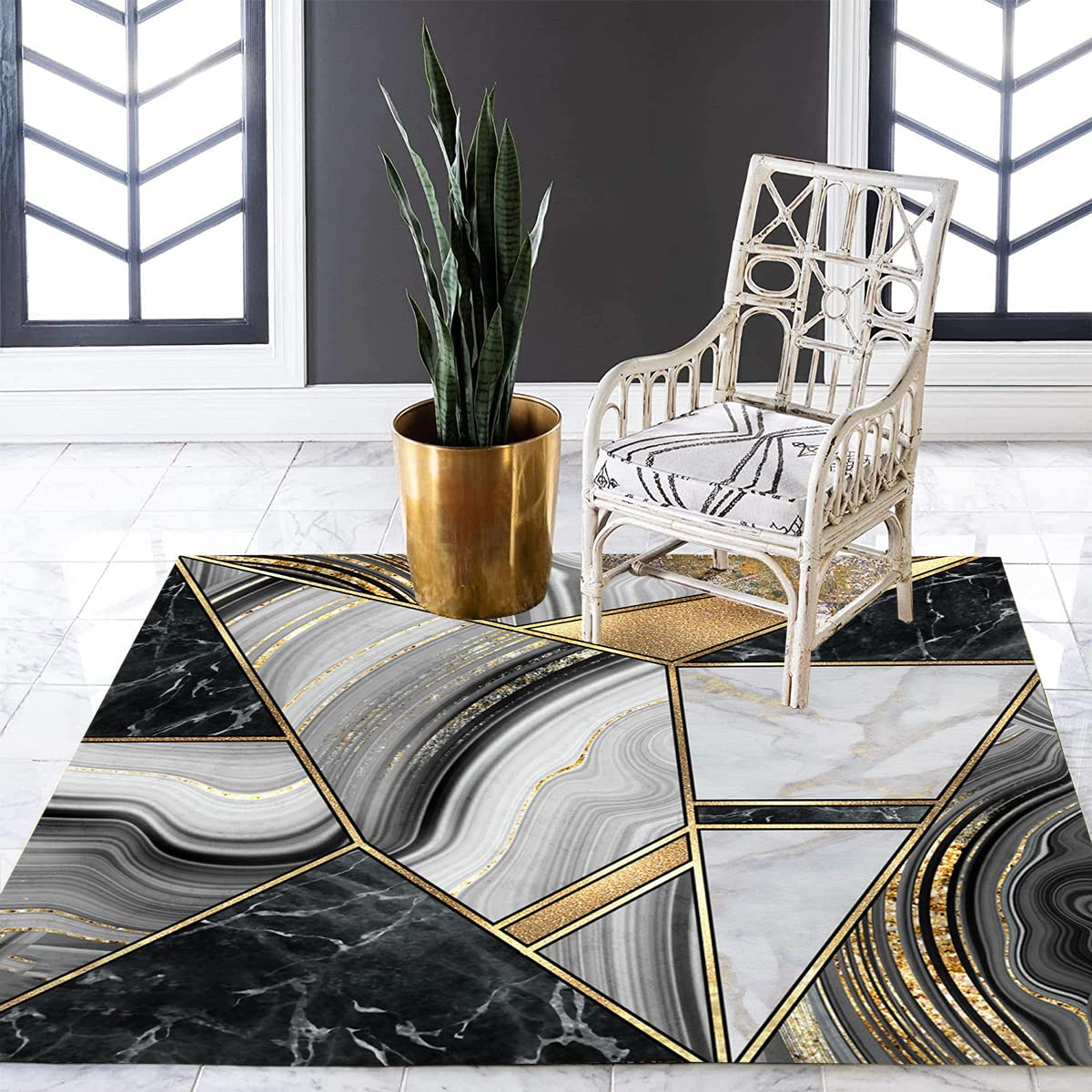 8x8 Square Geometric Pattern Area Rug - Black Gold Marble Swirl Abstract Modern Washable Soft Carpet for Living Room, Bedroom, Home Office | Perfect Under Dining Table as Luxurious Art Decor Floor Mat Runner