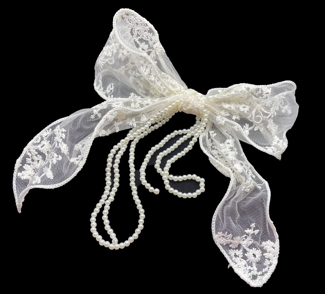3-Piece Lace Bow Pearl Chain Hair Clips - Flower Embroidery Non-Slip Barrettes for Women & Girls (White/Beige/Black) | Perfect for Weddings, Parties & Everyday Hair Accessories
