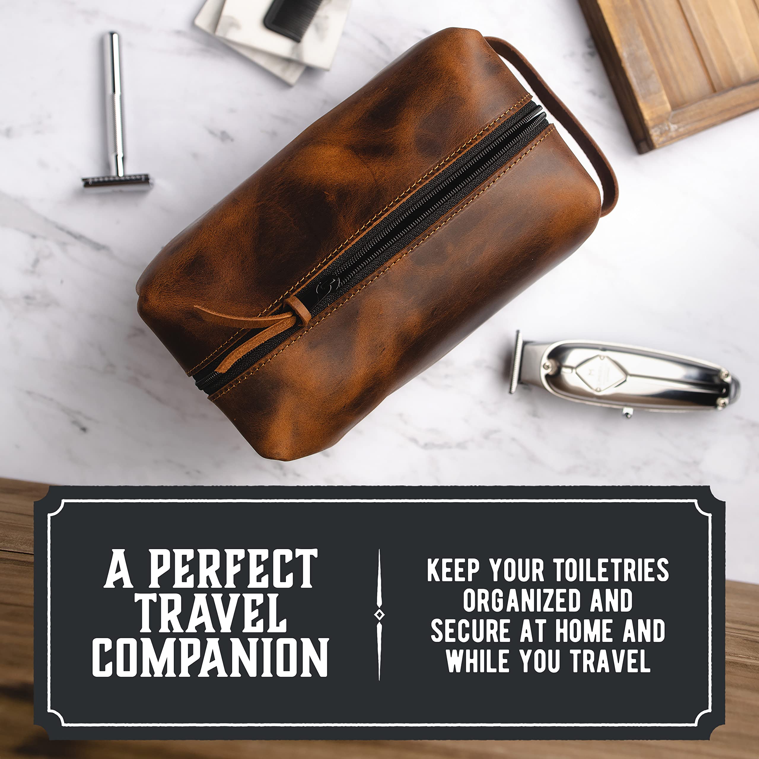 Premium Full Grain Leather Dopp Kit for Men – USA Made Travel Toiletry Bag for Shaving Essentials & Grooming Accessories | Compact & Lightweight Bathroom Organizer | Perfect for Business Trips, Gym Showers & Weekend Getaways