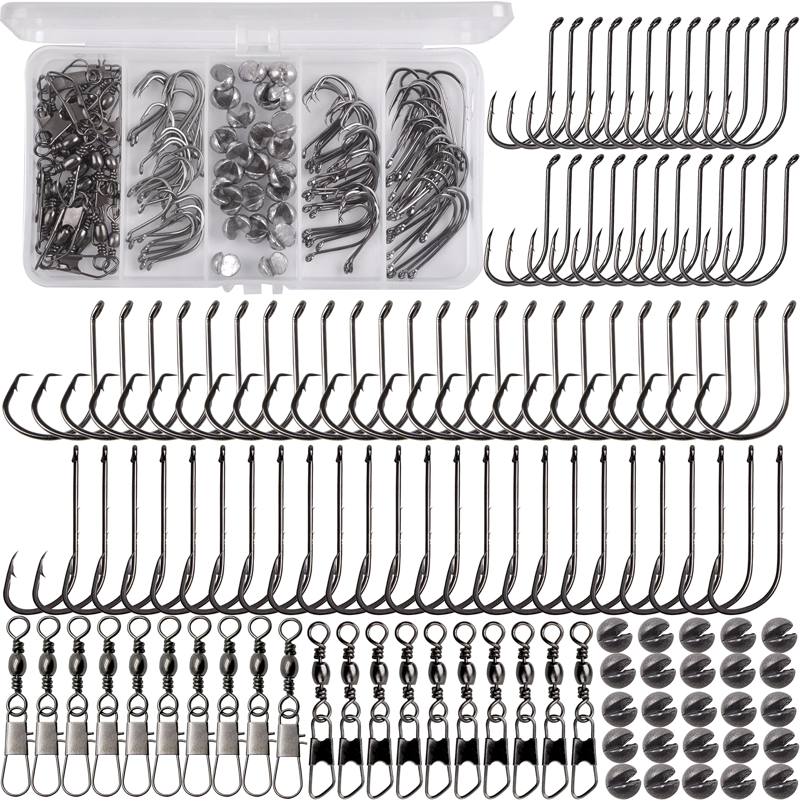 120Pcs Fishing Hooks & Terminal Tackle Set - Circle Hooks, Baitholder Hooks, Octopus Hooks, Barrel Swivels, Split Shot Sinkers & Fishing Beads with Tackle Box - Perfect for Freshwater & Saltwater Fishing, Bass, Trout & Catfish Angling