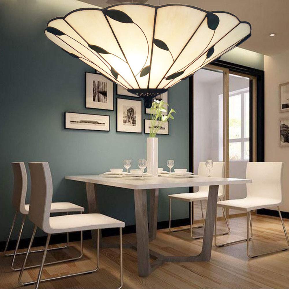 LITFAD 16-Inch Tiffany Style Flush Mount Ceiling Light - White Leaf-Themed Glass Lampshade for Bedroom, Living Room & Dining Room Lighting