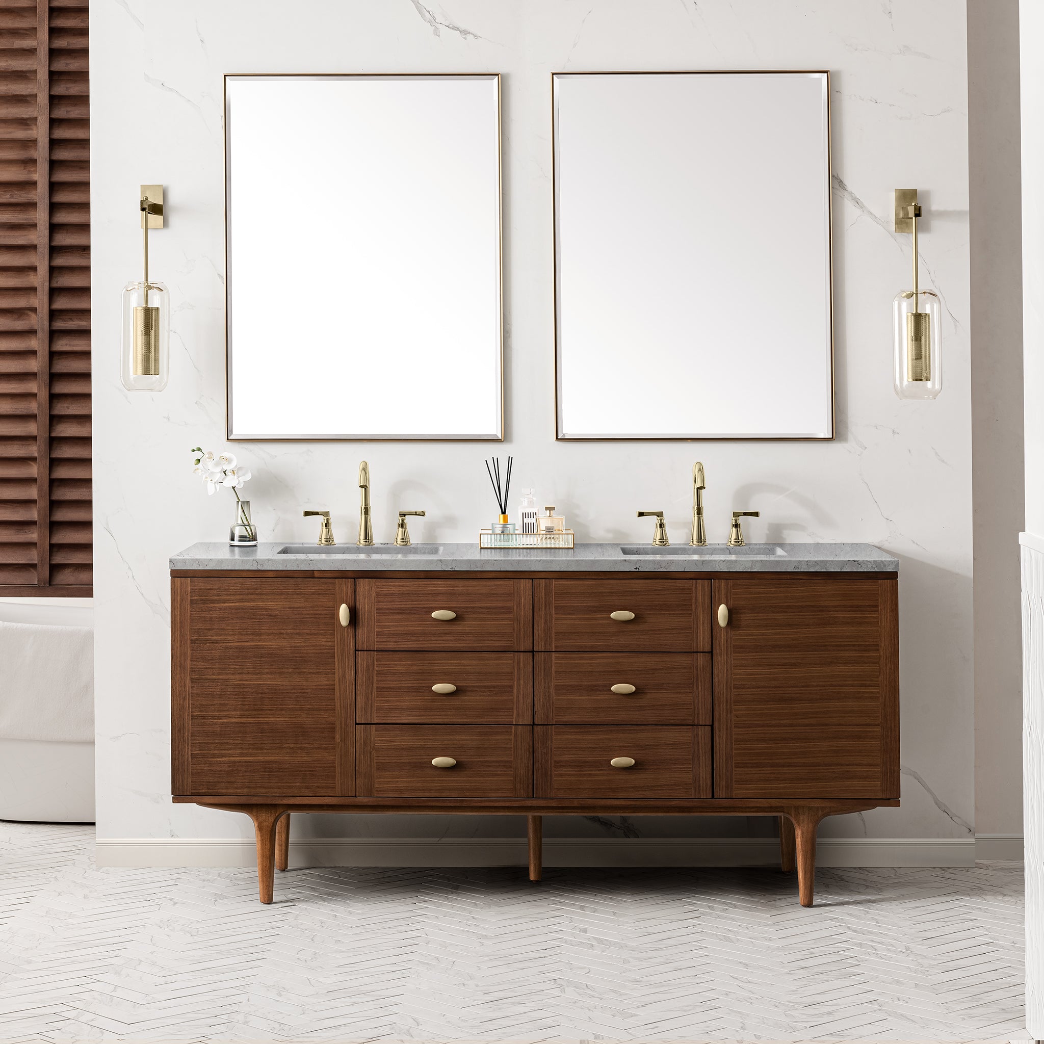 Amberly 72 Inch Double Vanity with 3CM Eternal Jasmine Pearl Top - Mid Century Modern Walnut Bathroom Vanity for Master Bath & Guest Bathroom
