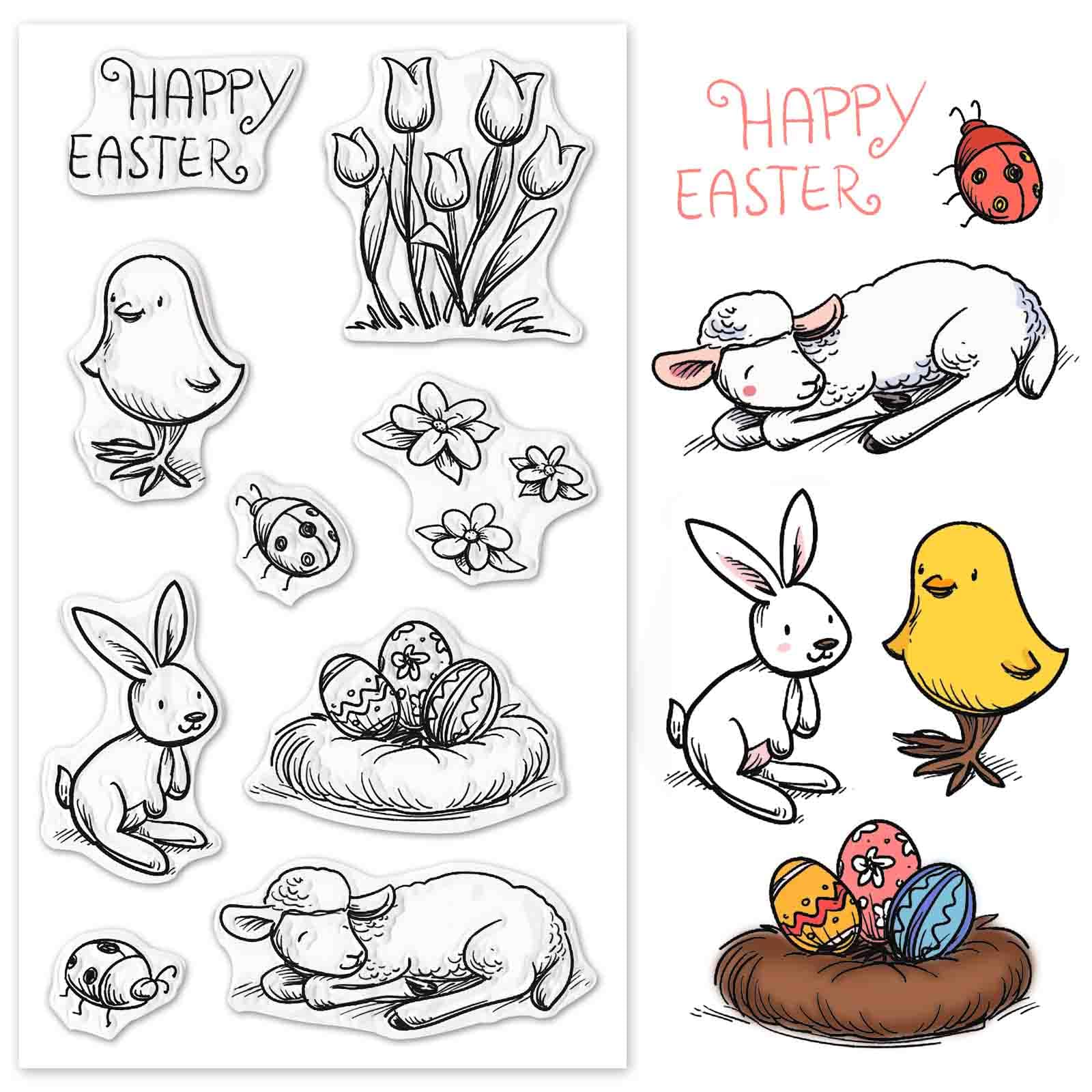 Happy Easter Clear Stamps Set - Bunny, Eggs & Spring Words Rubber Stamps for DIY Card Making, Scrapbooking, Embossing - Transparent Silicone Seals for Easter Crafts, Greeting Cards & Paper Albums (Perfect for Spring DIY Projects & Holiday Decorations)