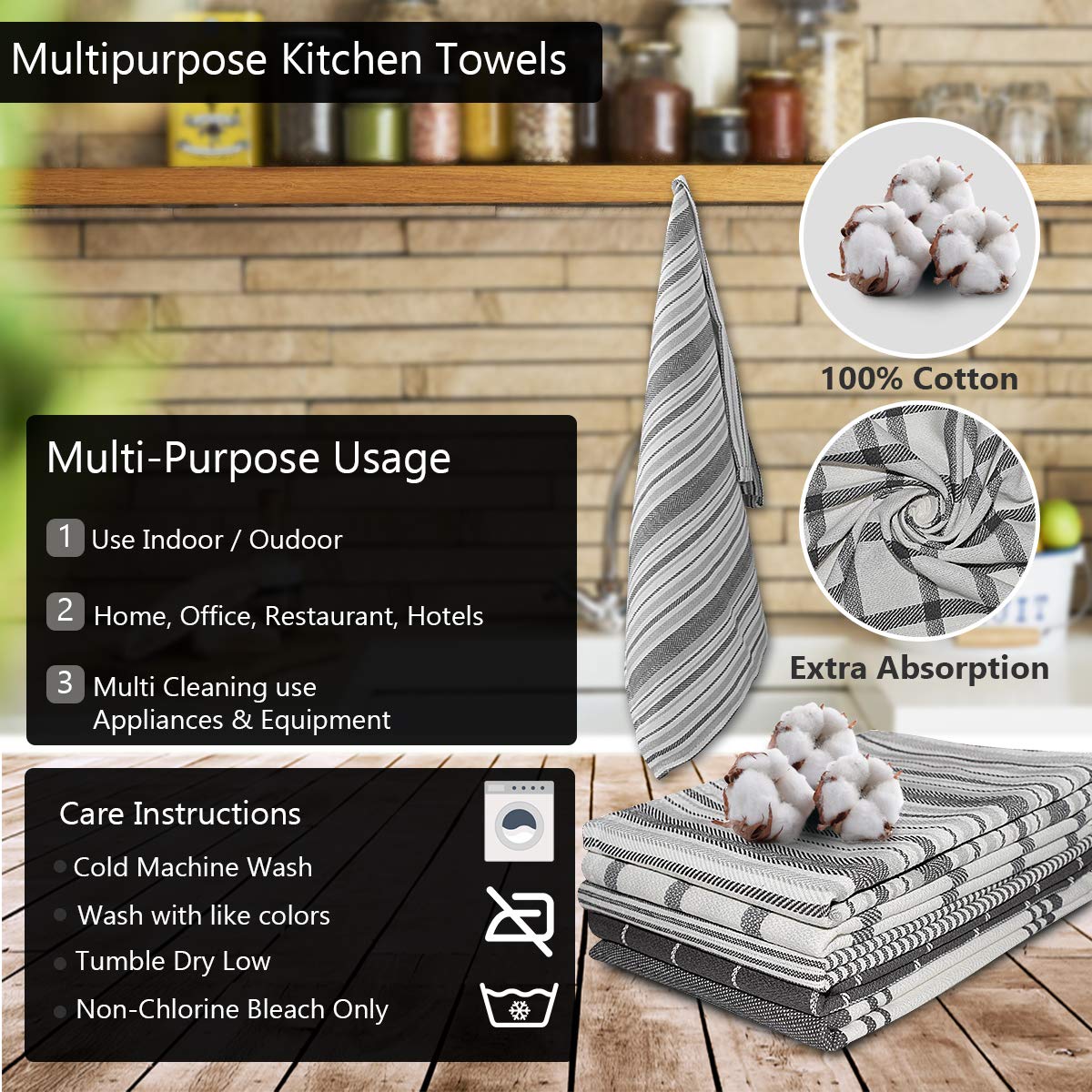 Premium Elfranso Tea Towels Set - 5 Pack 100% Cotton Absorbent Kitchen Towels, 70 x 50 cm (Grey) - Ideal for Drying Dishes, Cleaning Countertops & Decorating Your Modern Kitchen