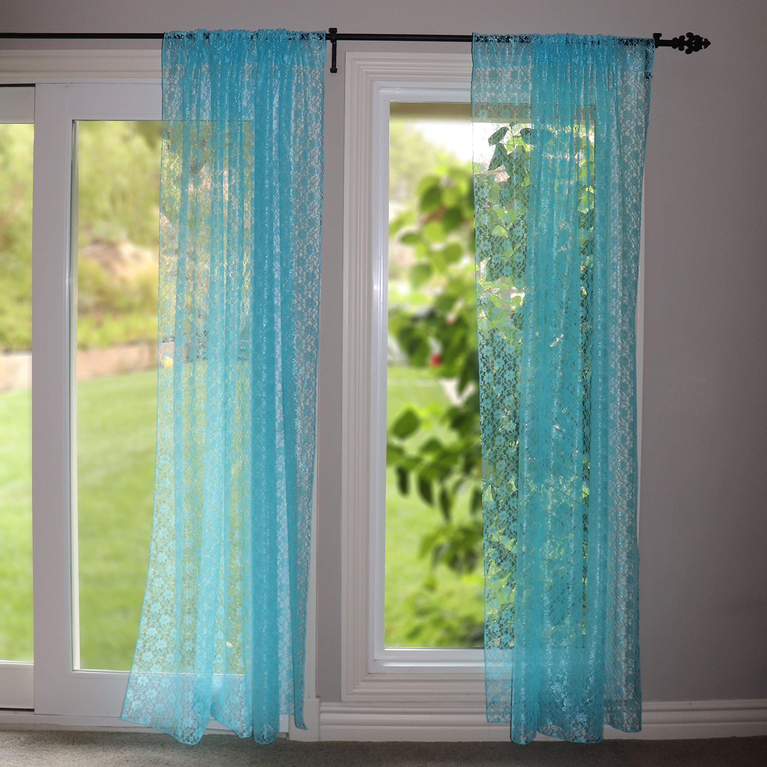 Floral Lace Window Curtain - Sheer Aqua Lace Panel for Bedroom & Kitchen Decor