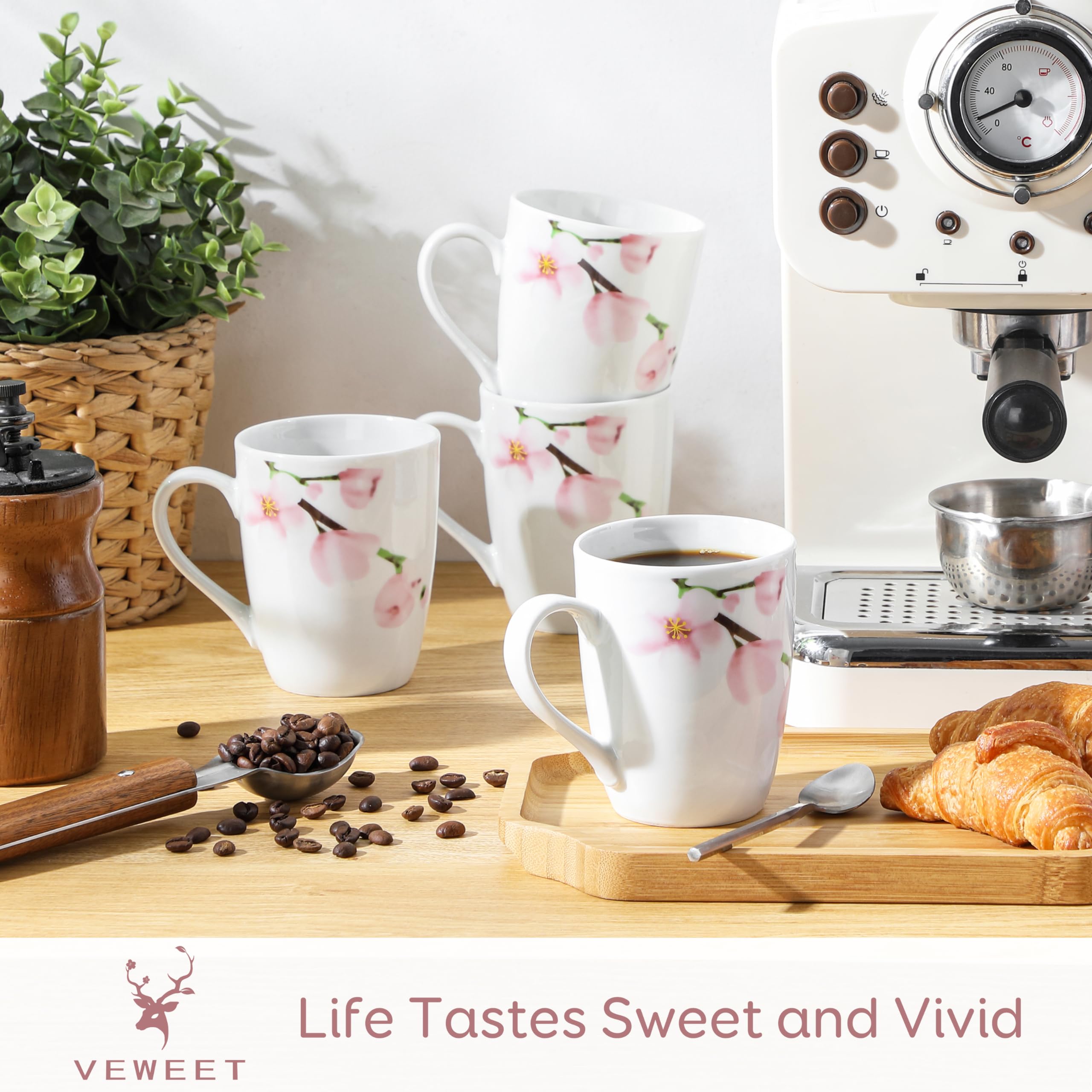 VEWEET 11oz Ceramic Coffee Mugs Set of 6 - Floral Design Handle Cups for Tea, Hot Chocolate & Cappuccino - Microwave & Dishwasher Safe - Perfect for Home, Office & Gifts (ANNIE Series)