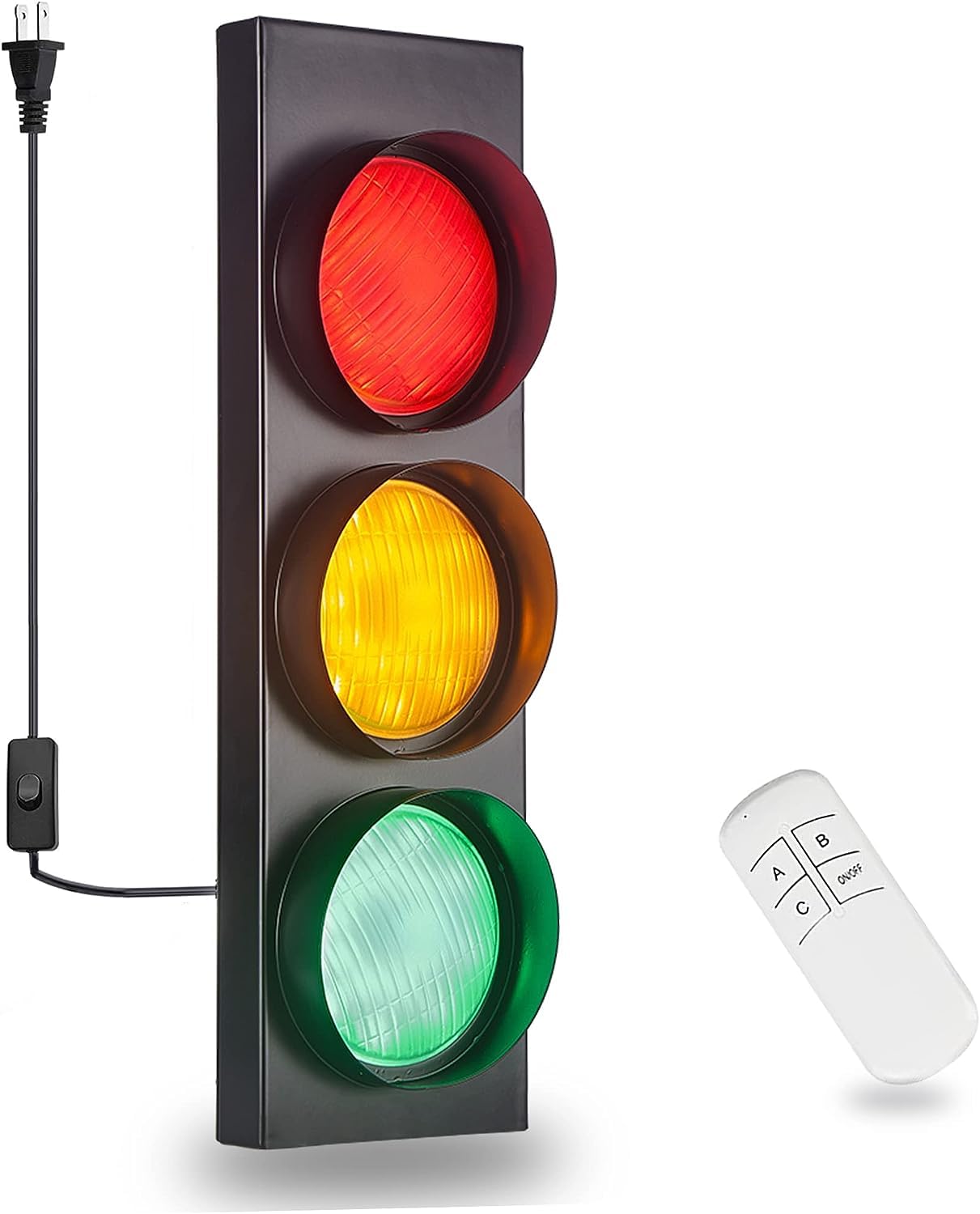PANLAVIE Vintage Traffic Light Wall Lamp - 18.5’’ Retro LED Wall Sconce with Remote Control, Plug-in Industrial Style Stop Signal Light for Kids Bedroom, Home Office, Bar, Garage & Car Room Decor - Perfect for Christmas Gift & Themed Party Lighting