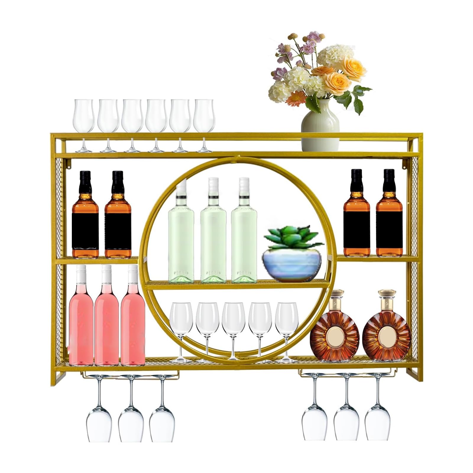 Wall Mounted Wine Rack - 3 Tier Large Capacity Iron Wine Glass Display & Storage Rack with Cup Holder for Home, Restaurant, Bar - Gold Finish (55.1 x 5.9 x 31.5 Inches) - Perfect for Kitchen, Dining Room & Wine Cellar Organization