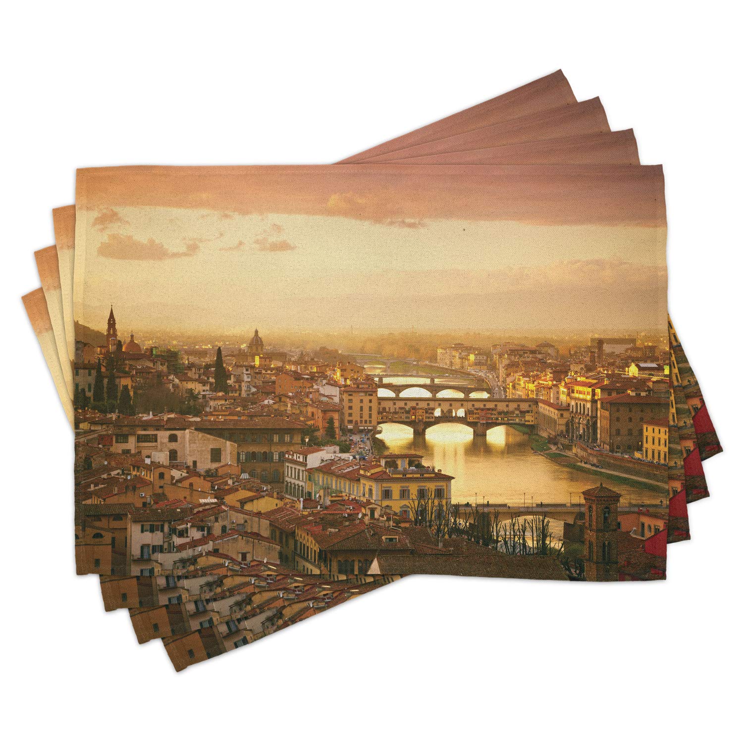 Lunarable Scenery Place Mats Set of 4 - Ponte Vecchio Italy Bird's Eye Sunset View with Castle & Historic Cityscape - Washable Fabric Dining Table Placemats (Standard Size, Sand Brown) - Perfect for Dinner Parties, Home Decor & Italian-Themed Events