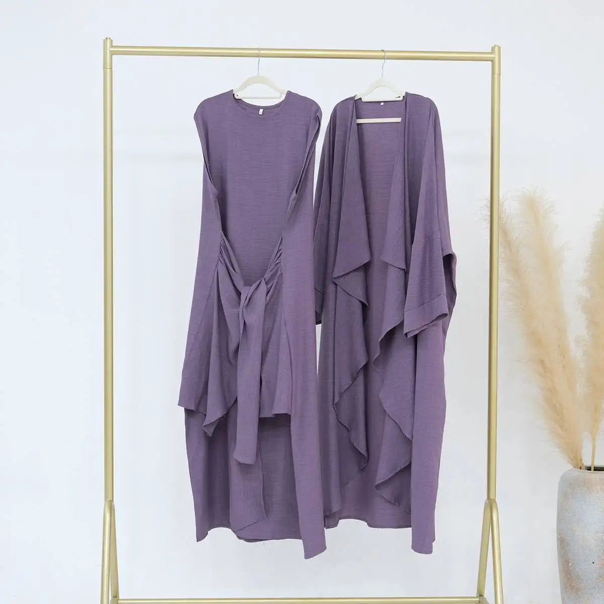 2-Piece Wrinkle-Free Open Abaya Dress Set with Inner Sleeveless Dress - Modest Muslim Fashion for Prayer, Eid, and Special Occasions