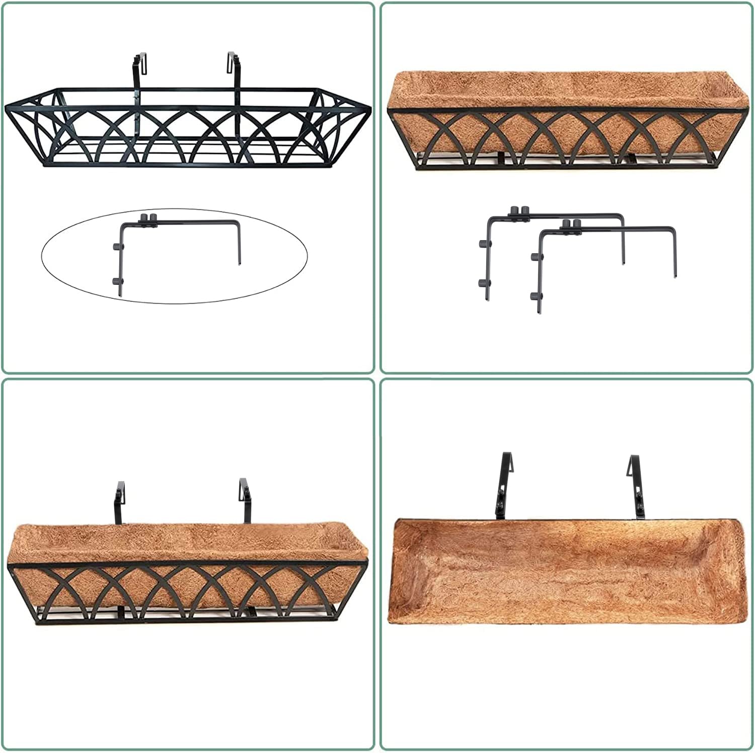 24 Inch Window Deck Planter Box with Coco Liner - 4 Pack Metal Hanging Flower Basket for Outdoor Garden, Lawn & Fence Decor - Perfect for Railing, Deck & Window Box Gardening