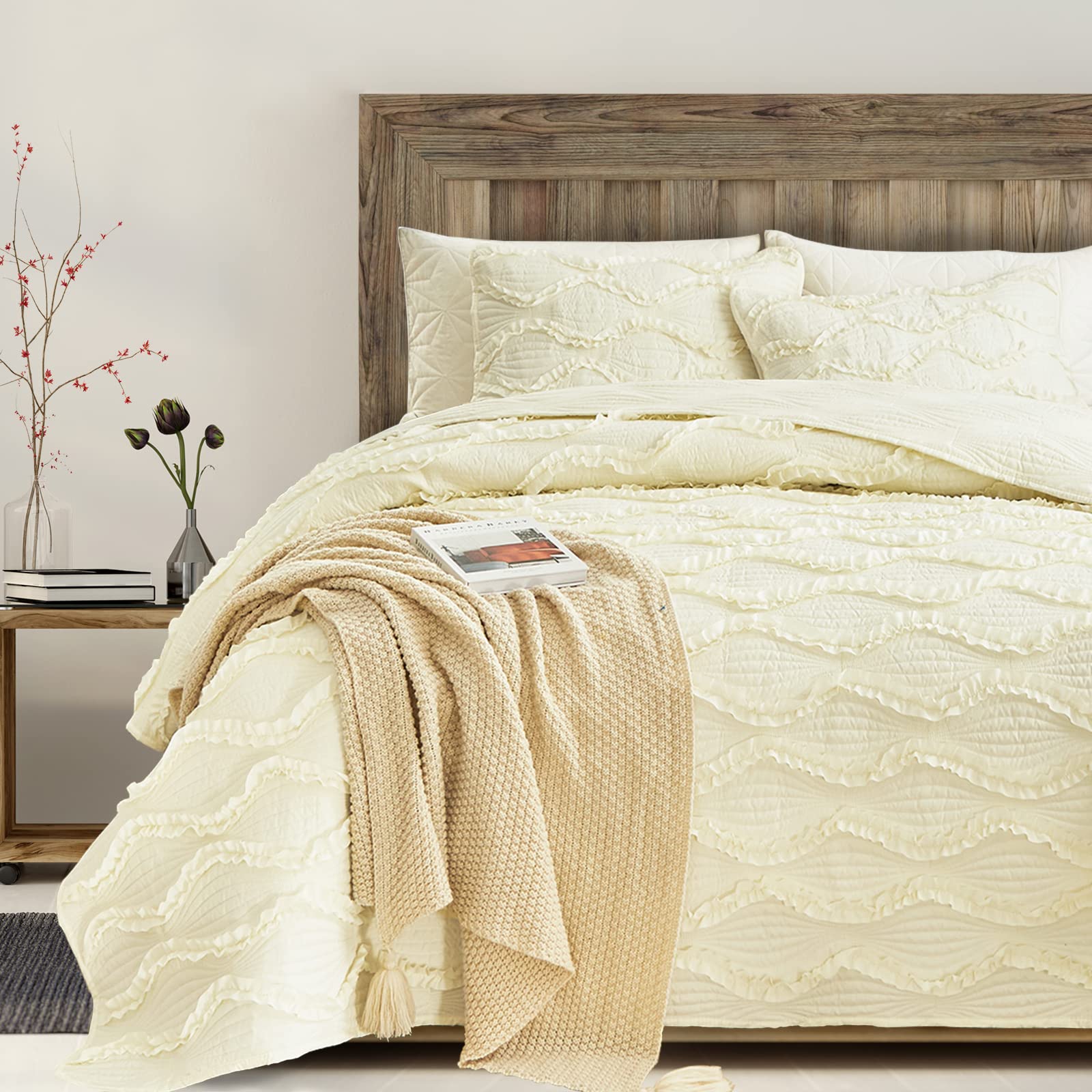 FlySheep 2-Piece Beige Boho Quilt Set Twin Size - Wave Ruffled Texture Lightweight Bedspread for All Seasons (68x86 Inches Quilt + Sham) - Perfect for Guest Rooms, Dorm Decor & Cozy Bedroom Makeover