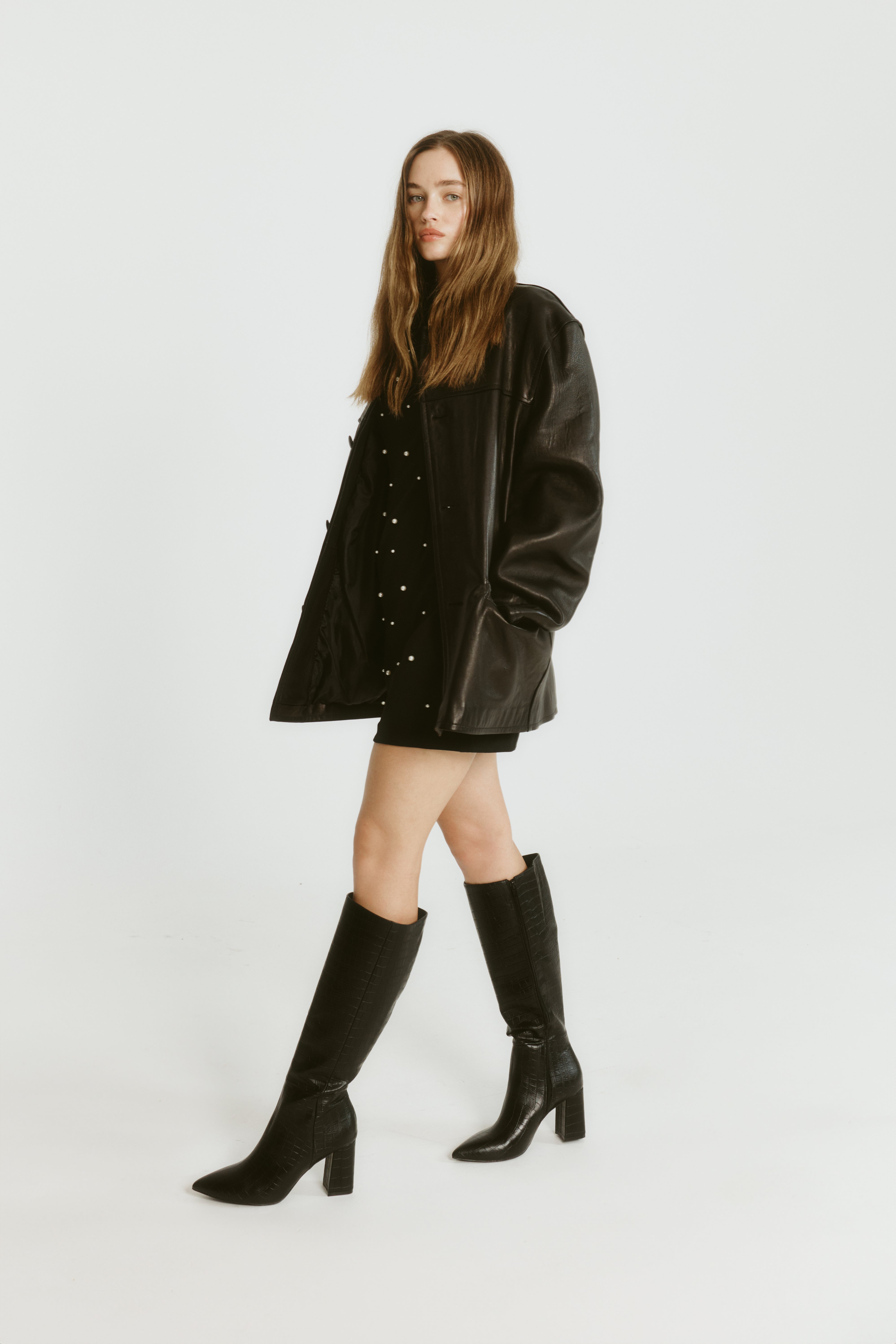 Magda Women's Black Crocodile Embossed Tall Boots - Stylish Knee-High Winter Boots for Women, Perfect for Office, Party & Outdoor Wear