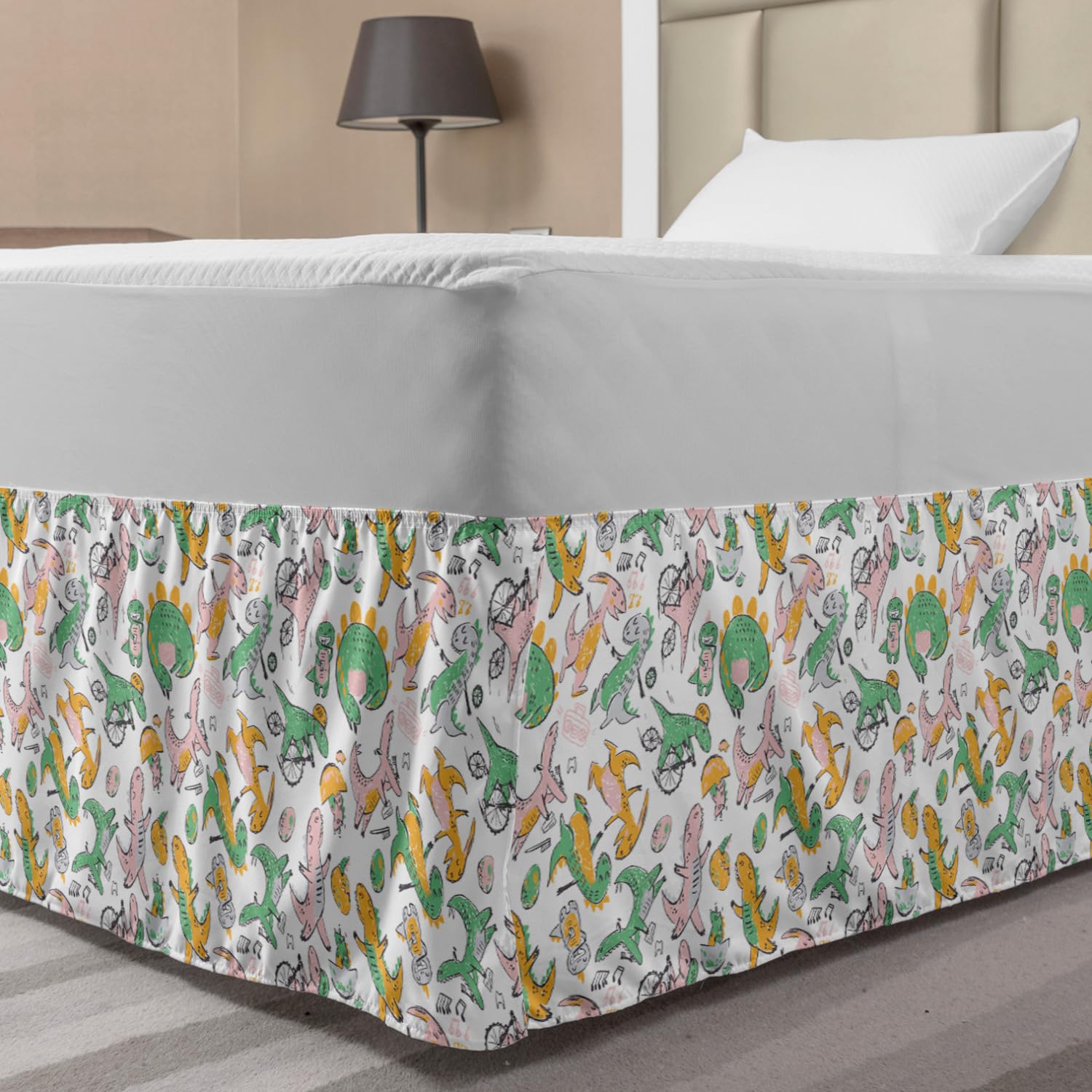 Ambesonne Dino Bed Skirt - Sketchy Doodle Style Dinosaurs on Bicycles Design, Elastic Wrap Around Dust Ruffle for Twin/Twin XL Beds, Colorful Bedding Decor - Perfect for Kids' Rooms, Dinosaur Themed Bedrooms & Fun Home Decor