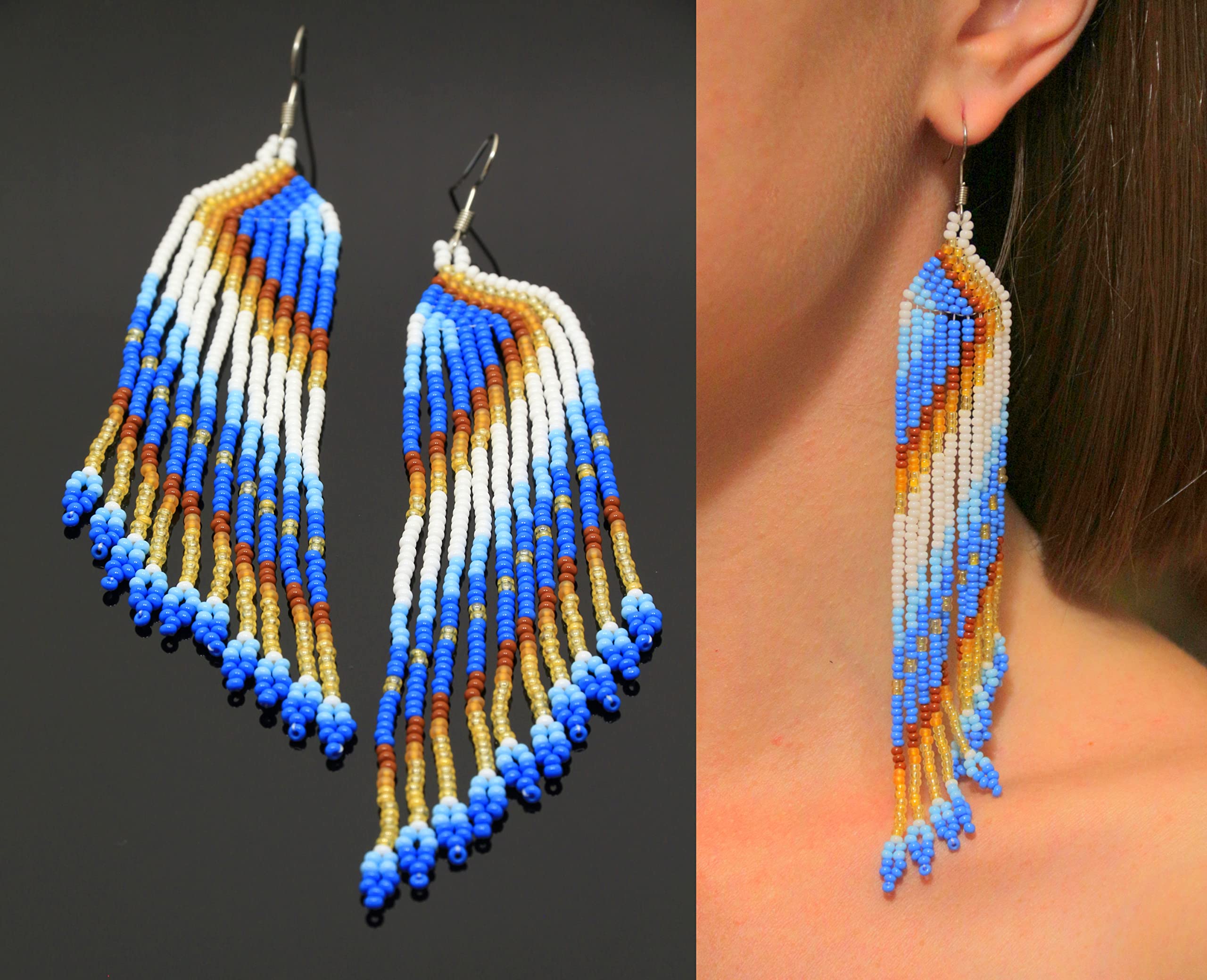 Handmade Blue Beaded Dangling Earrings – Extra Long Native American Style Boho Tribal Jewelry with Seed Bead Tassel Fringe | Perfect for Festivals, Boho Fashion & Cultural Events