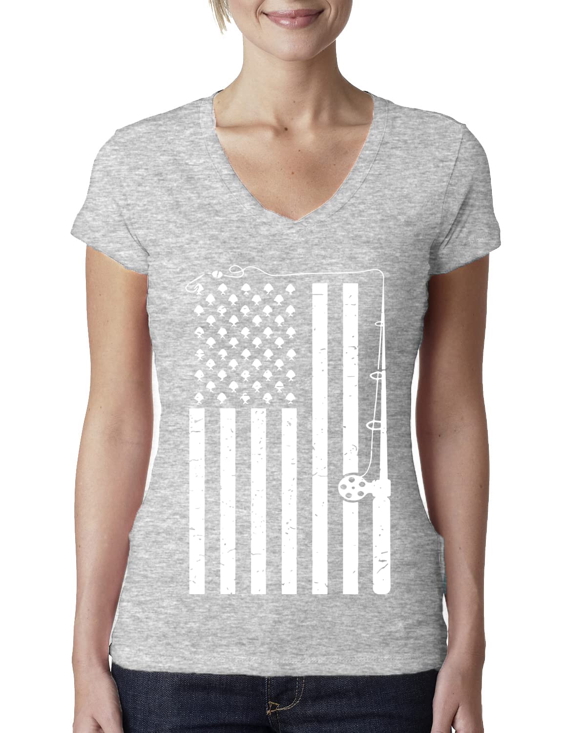 USA Flag Fishing Rod - Patriotic Fishing T-Shirt for Women & Juniors | Comfortable V-Neck Tee for Outdoor Fishing & Summer Activities
