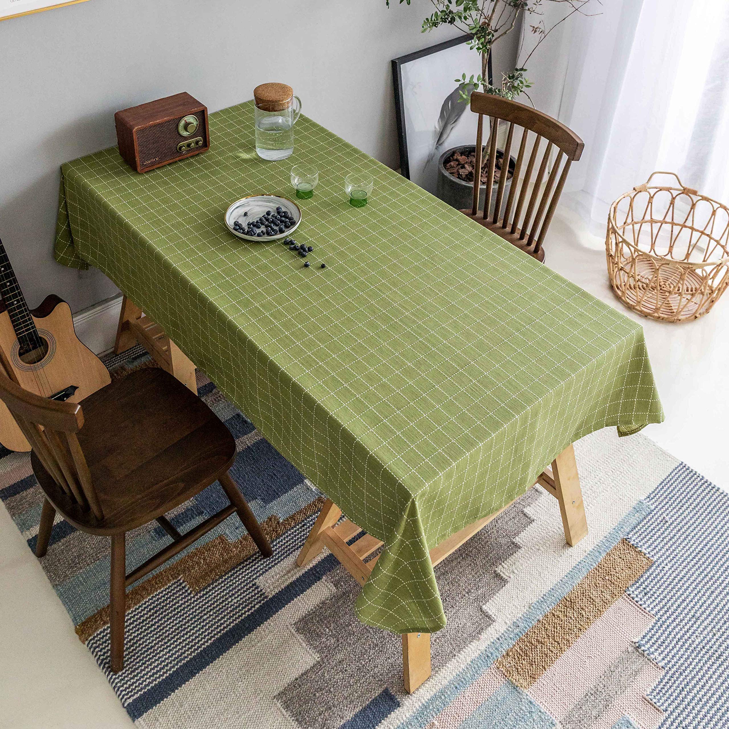 Boho Farmhouse Tablecloth 52x102 Inch - Stain Resistant Rectangle Table Cover for 6-Seat Dining Table | Grass Green Cotton Tablecloth for Kitchen, Dining Room & Outdoor Picnics