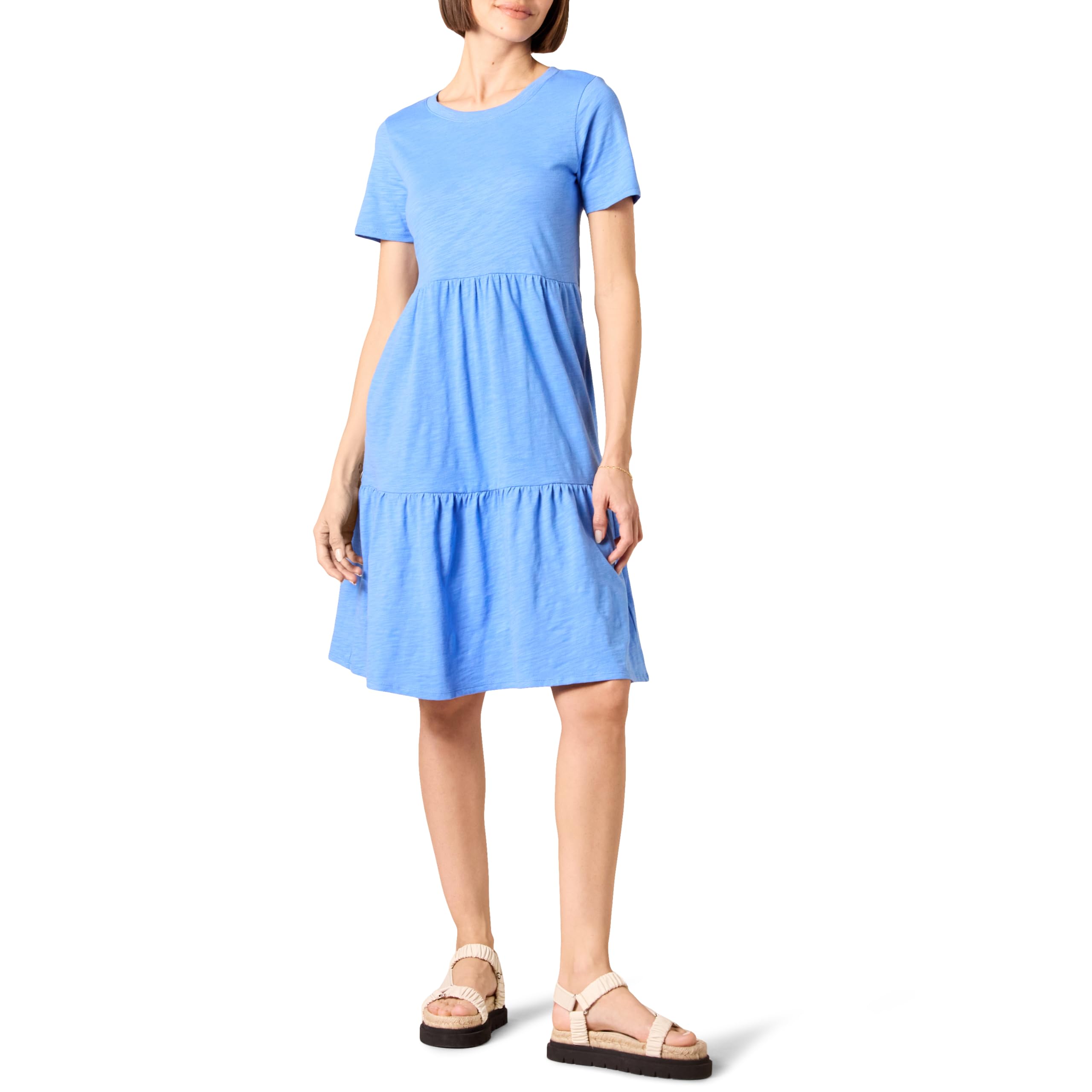 Amazon Essentials Women's Short-Sleeve Crewneck Tiered Dress - Casual Summer Flowy Midi Dress for Beach, Vacation & Everyday Wear