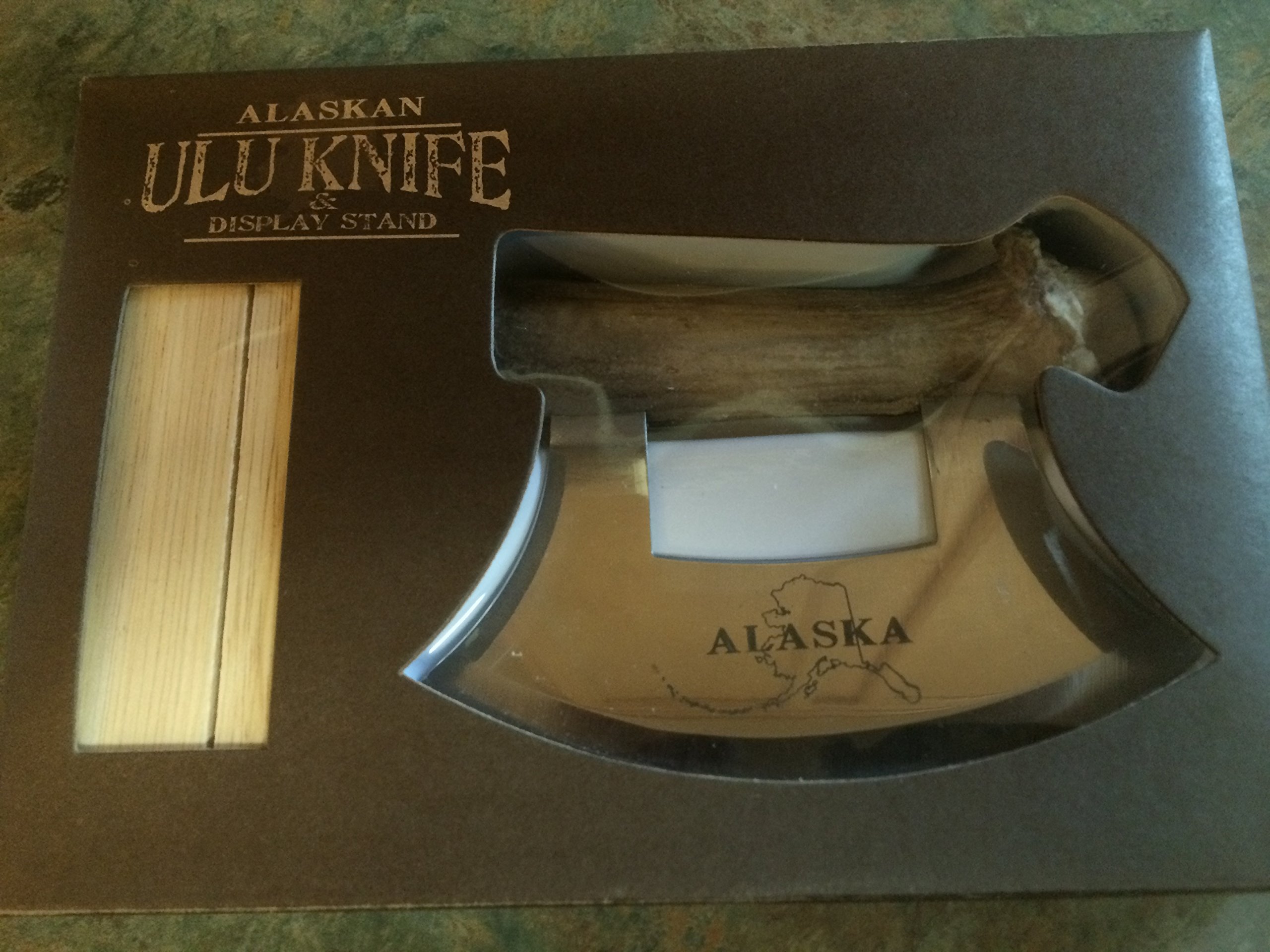 Premium Alaskan Cultured Antler Ulu Knife with Wooden Stand - Handcrafted Traditional Eskimo Cutting Tool for Kitchen, Camping & Outdoor Adventures