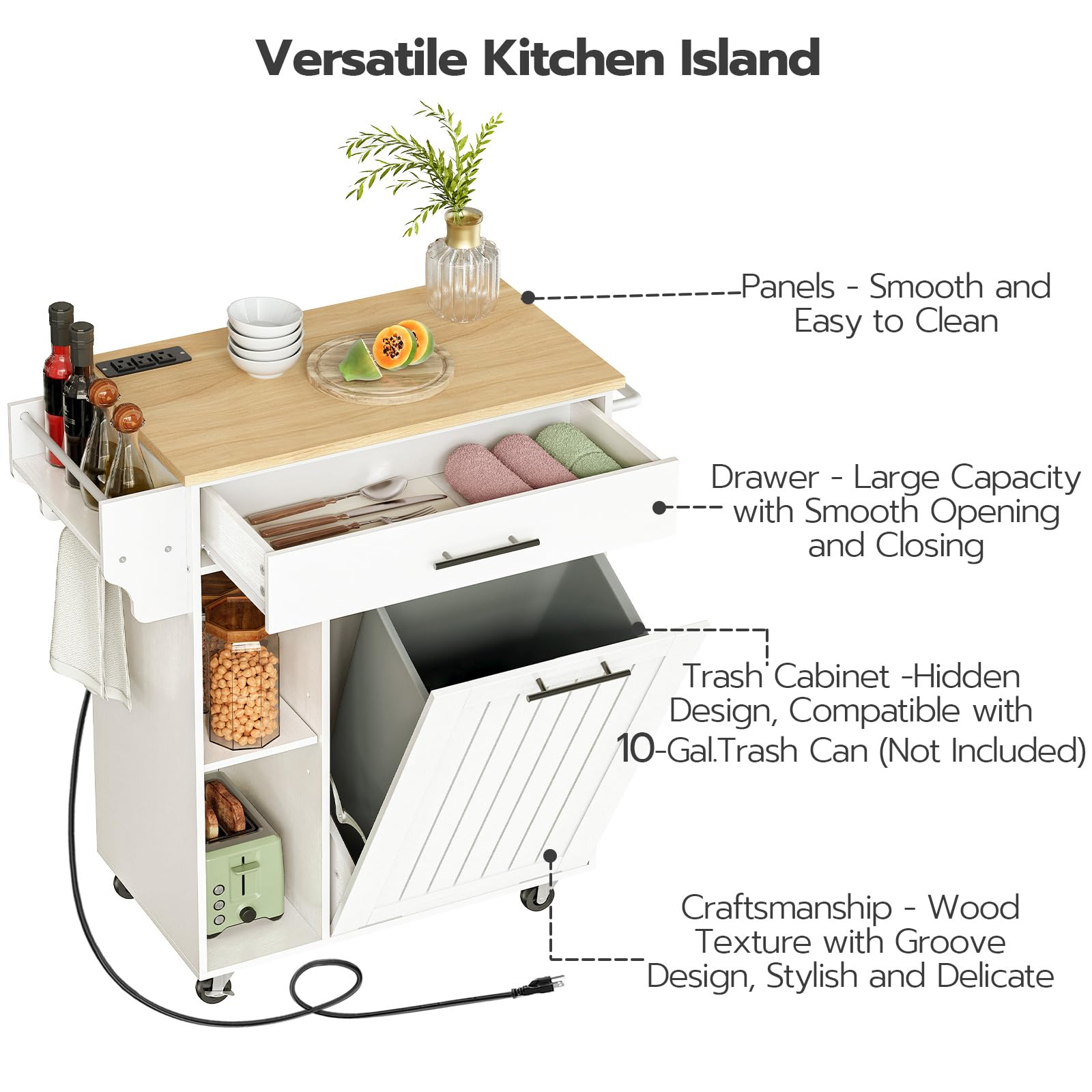HOOBRO White and Natural Kitchen Island with Trash Can Storage, Rolling Mobile Kitchen Cart on Wheels with Power Outlet - Fits 10 Gallon Garbage Bin | Perfect for Small Kitchens, Apartments & Home Organization