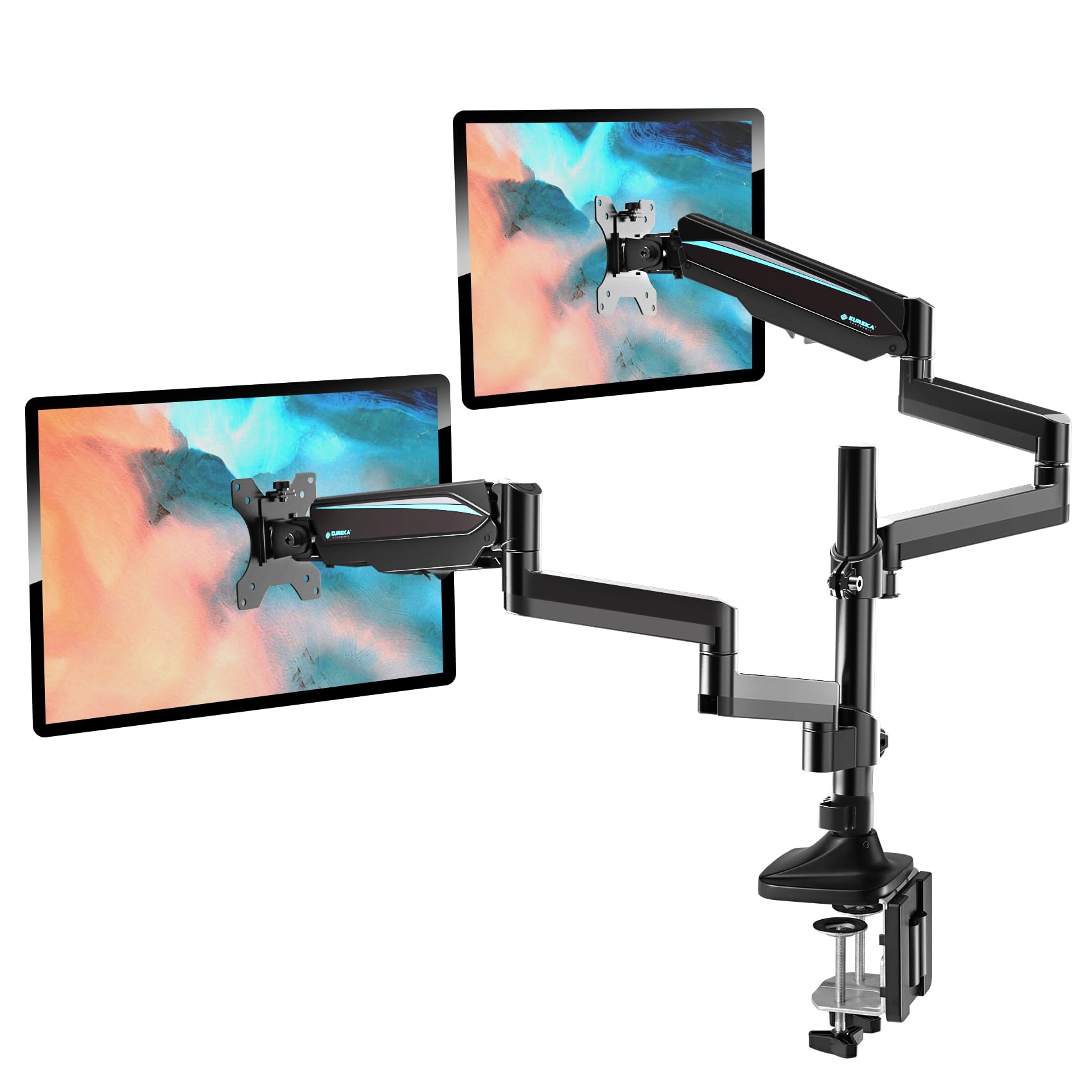 EUREKA ERGONOMIC Dual Monitor Stand - Adjustable Gas Spring Monitor Arm for 13-32 Inch Screens (Up to 17.6 lbs) with VESA 75x75/100x100mm - C Clamp & Grommet Base (Black) - Perfect for Home Office & Gaming Setup