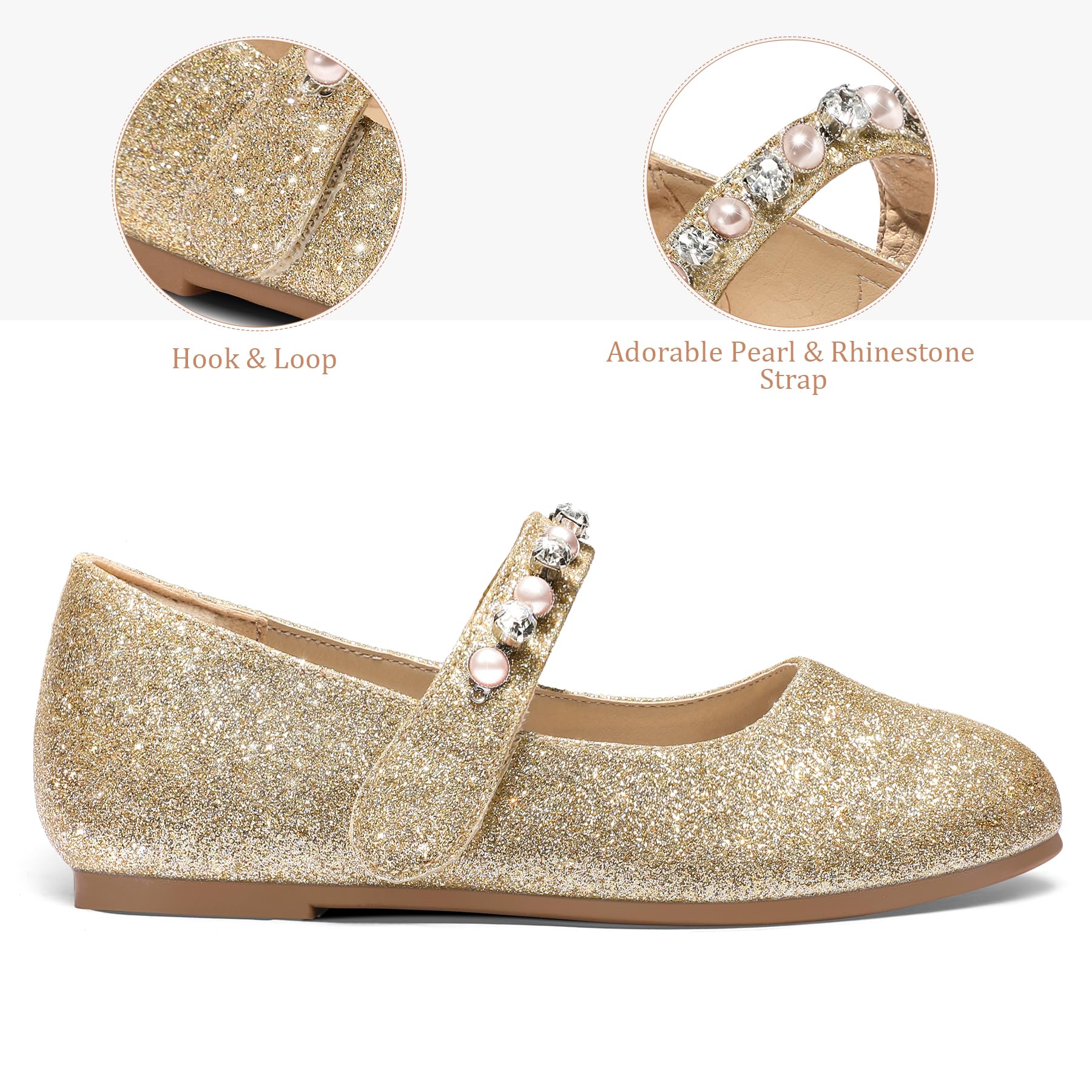 K KomForme Girls Ballet Flats with Pearl Rhinestones - Mary Jane Slip-On Shoes for Toddler/Little Kid/Big Kid - Perfect for Party, School, Wedding & Dress-Up Occasions