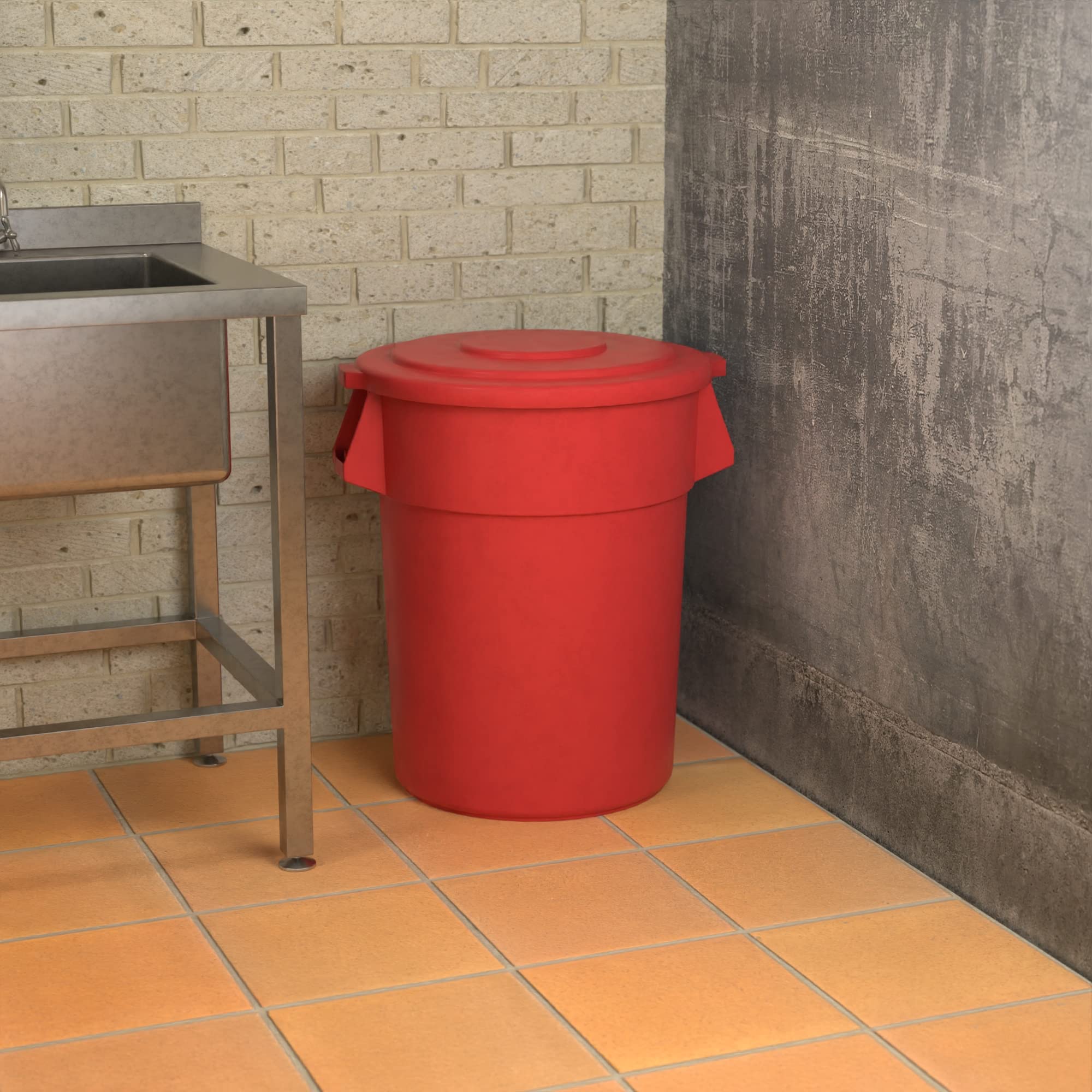 55 Gallon Red Round Commercial Trash Can with Lid - Heavy Duty Outdoor/Indoor Garbage Bin for Restaurants, Schools & Offices