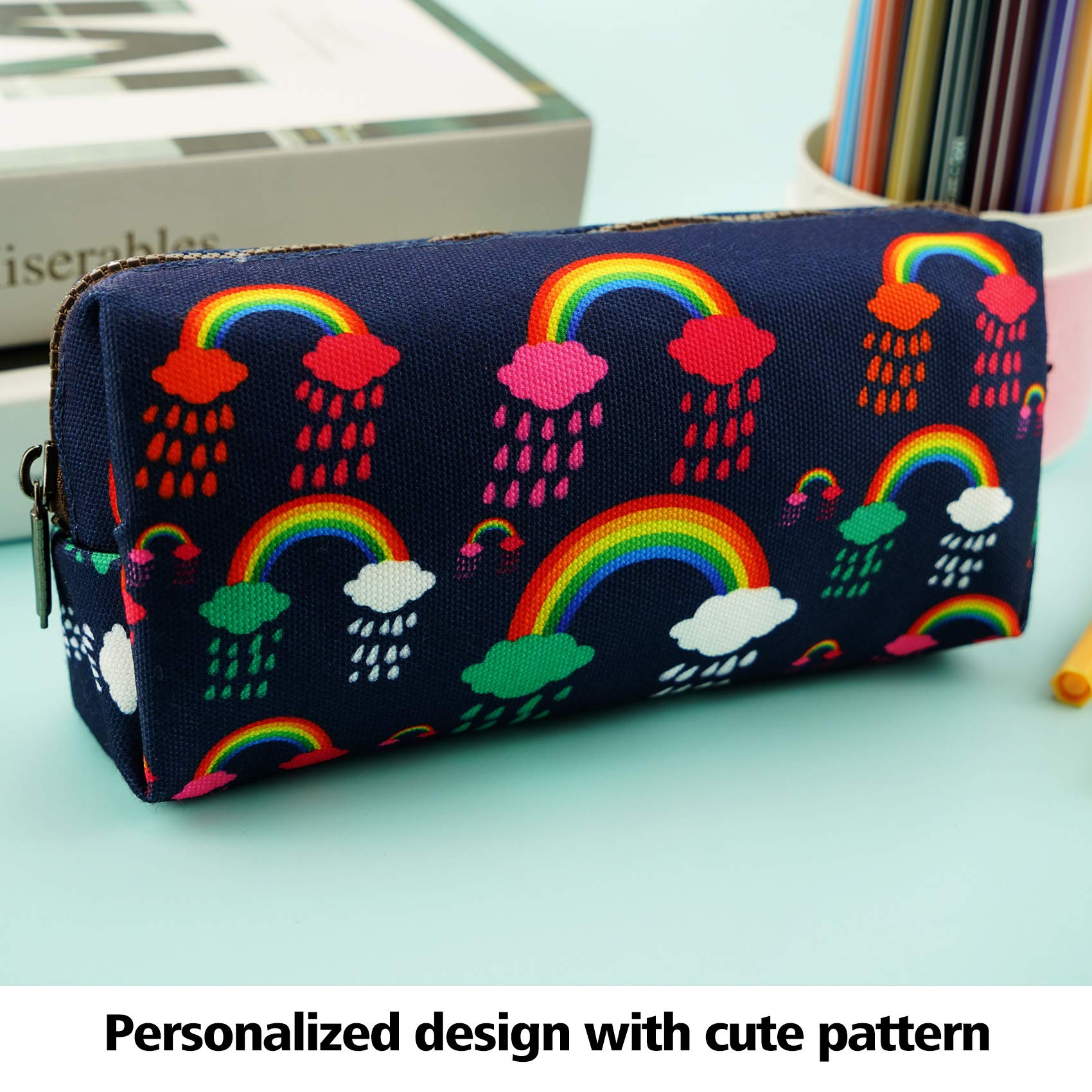 LParkin Rainbows & Clouds Canvas Pencil Case - Cute Kawaii Pen Bag, Makeup Pouch & Stationery Organizer for School, Office & Travel Accessories Storage