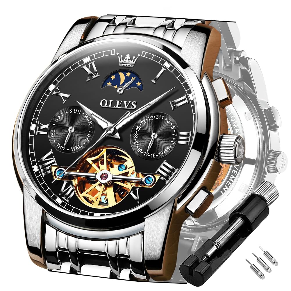 OLEVS Men's Automatic Mechanical Tourbillon Watch - Self-Winding Luxury Stainless Steel Waterproof Wristwatch with Luminous Date Display | Perfect for Business, Formal Events & Everyday Wear