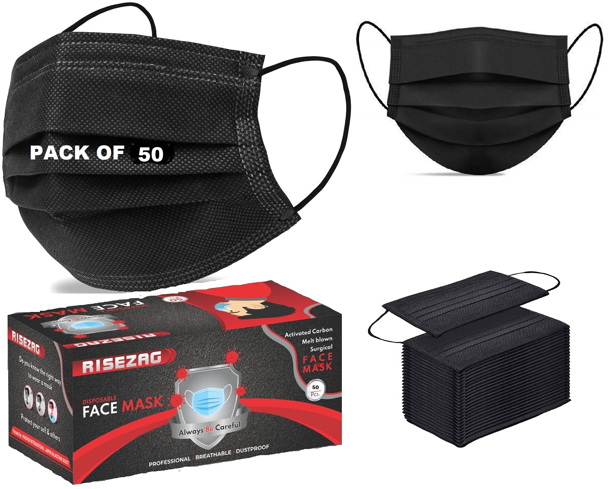 Wisezag Black Disposable 3-Ply Surgical Face Masks with Nose Clip - 50 Pack for Men & Women - Perfect for Daily Protection, Travel & Public Safety