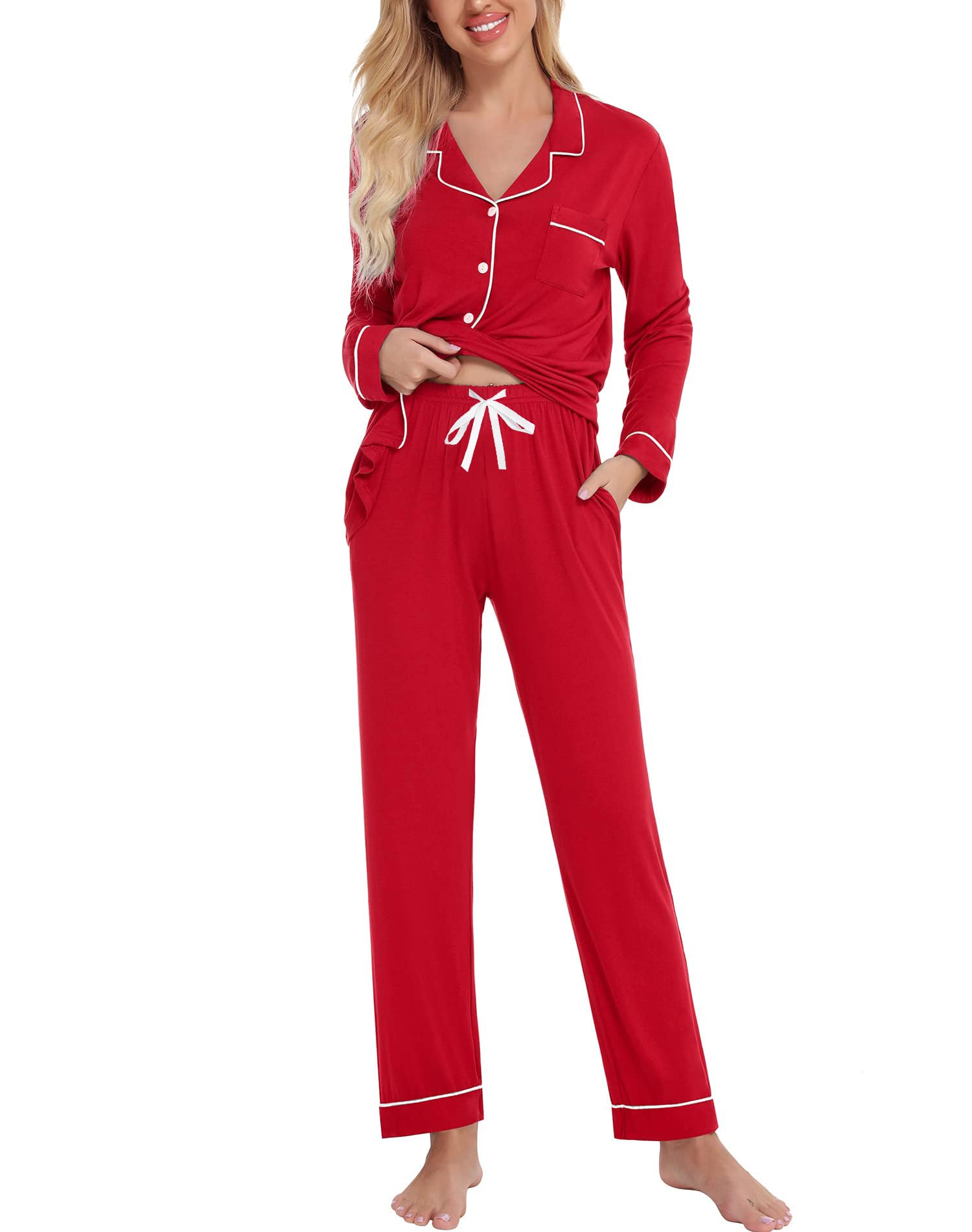 SWOMOG Women's Cotton Pajama Set - Long Sleeve Button Down Sleepwear & Lounge Outfit - Soft Comfy Nightwear for Relaxing at Home or Sleepovers