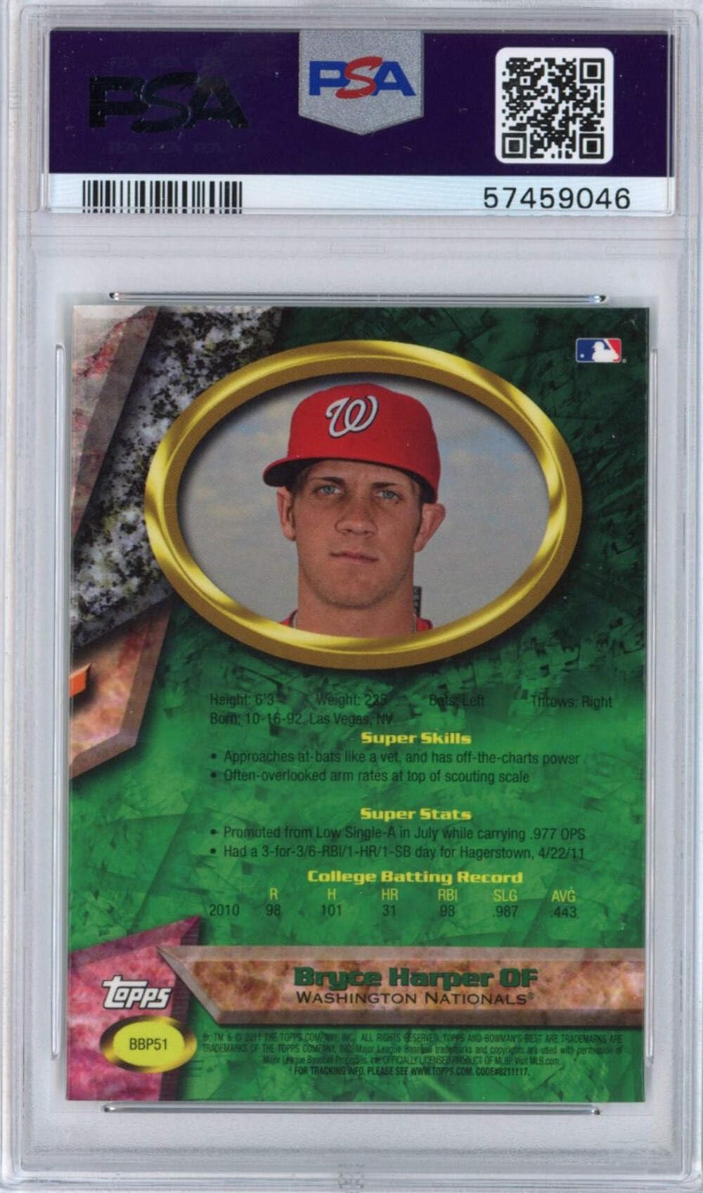 2011 Bowman's Best Bryce Harper #BBP51 Rookie Baseball Card PSA 10 Gem Mint - Rare Graded MLB Prospect Card for Collectors & Investors - Perfect for Display, Trading, and Sports Memorabilia Collections