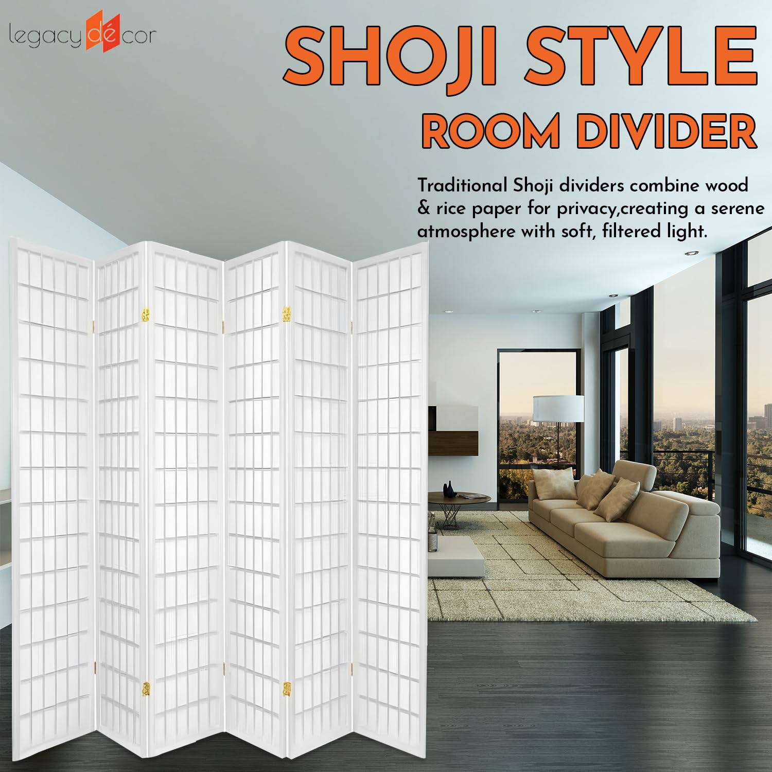 Legacy Decor 6-Panel Room Divider - 6ft Tall Foldable Privacy Screen - Shoji Style Freestanding Partition for Home, Office & Studio - White - Perfect for Creating Private Spaces in Bedrooms, Living Rooms or Workspaces