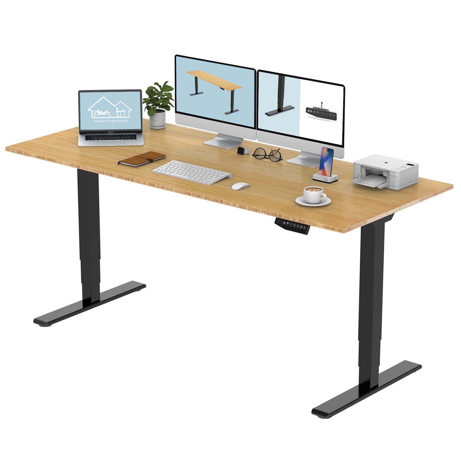 FLEXISPOT Pro 3-Stage Dual Motor Electric Standing Desk - 78x30 Inch Solid Bamboo Desktop, Height Adjustable Sit Stand Workstation (Black Frame) for Home Office, Gaming & Workspace Ergonomics