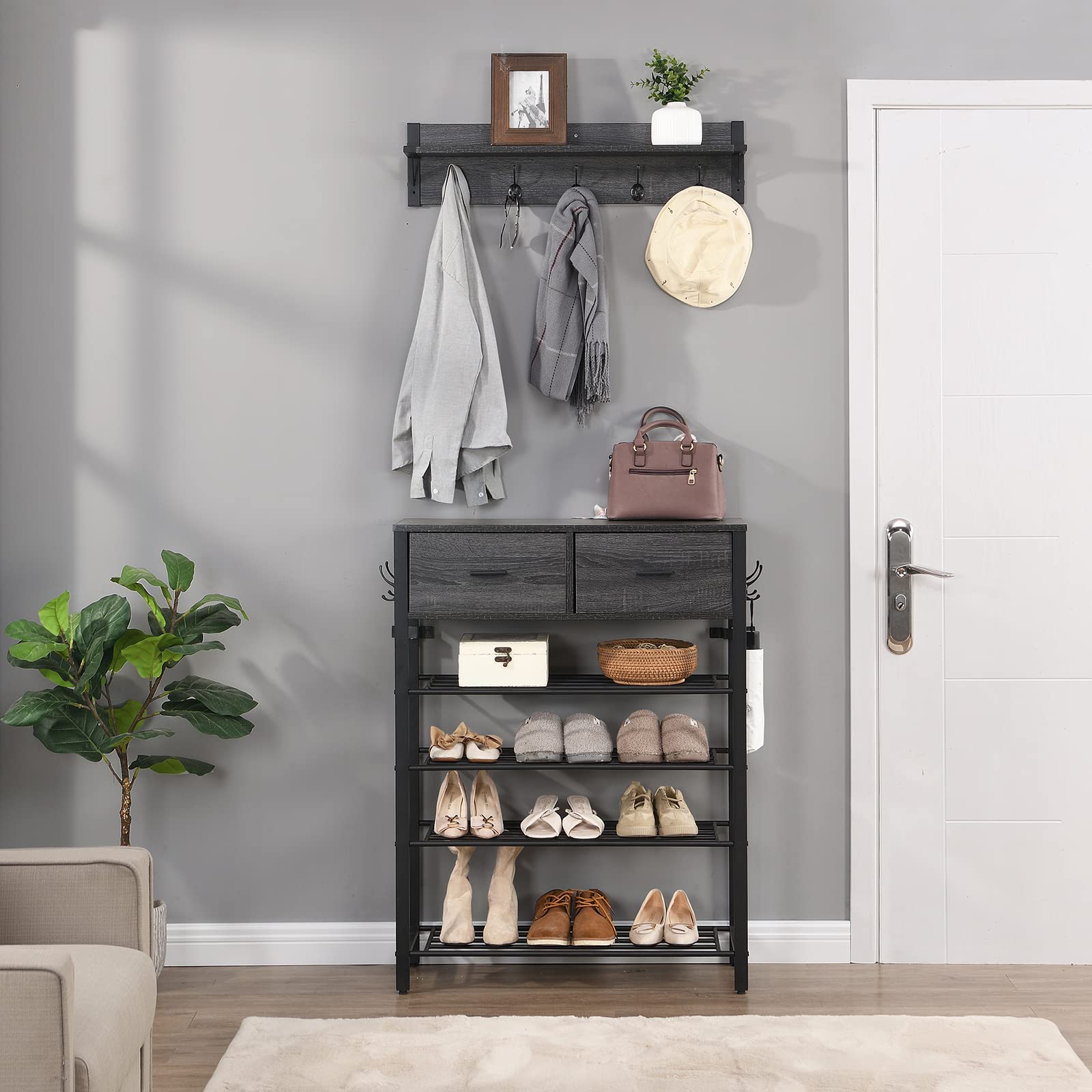 E&D Furniture Entryway Hall Tree with Coat Rack, 4-Tier Shoe Shelf & Storage Bench - Perfect for Mudroom, Foyer & Small Space Organization (White/Black) - Ideal for Storing Shoes, Coats, Hats & Accessories in Entryways